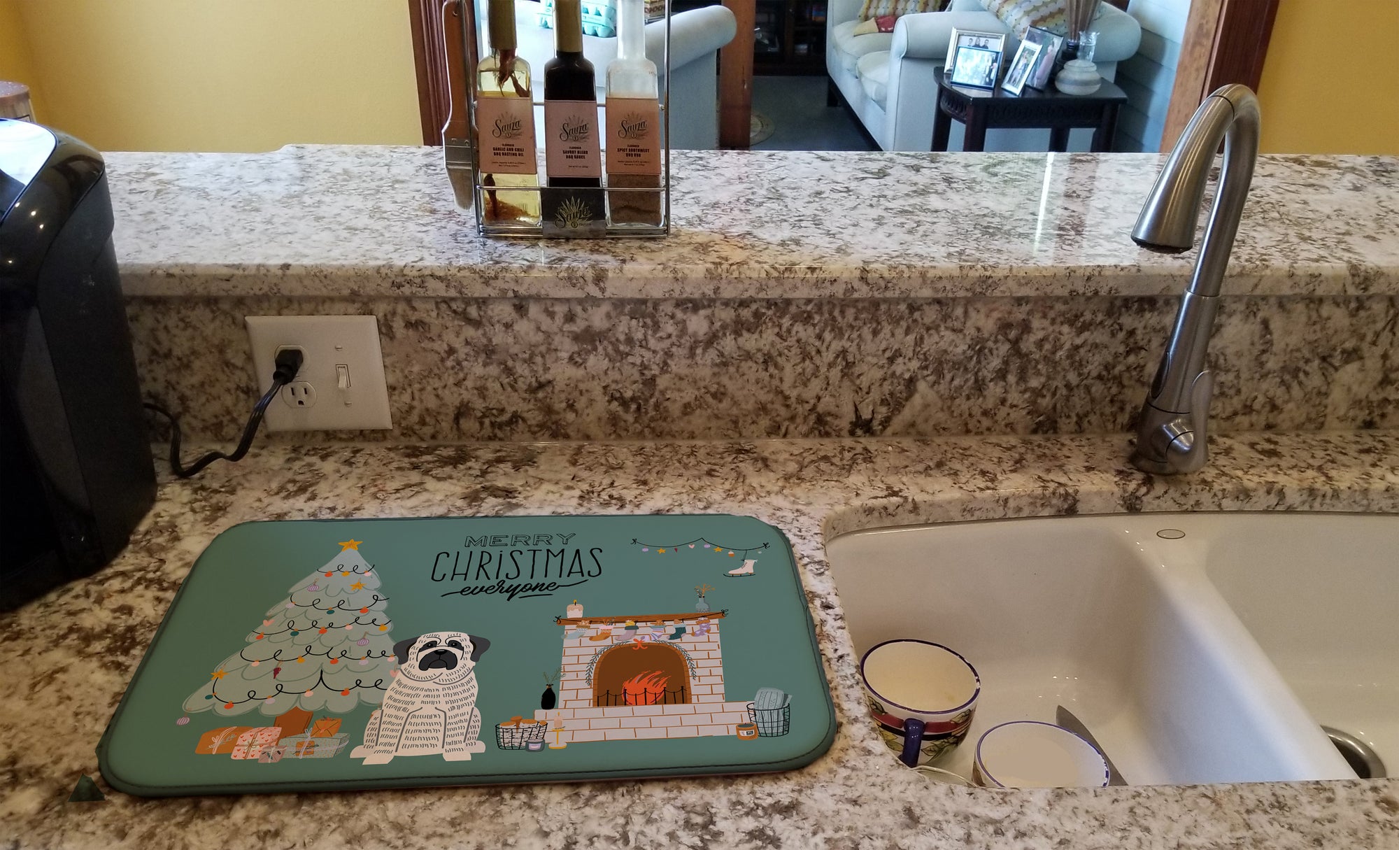 White Mastiff Brindle Noël Tout le monde Tapis de séchage pour vaisselle CK7579DDM