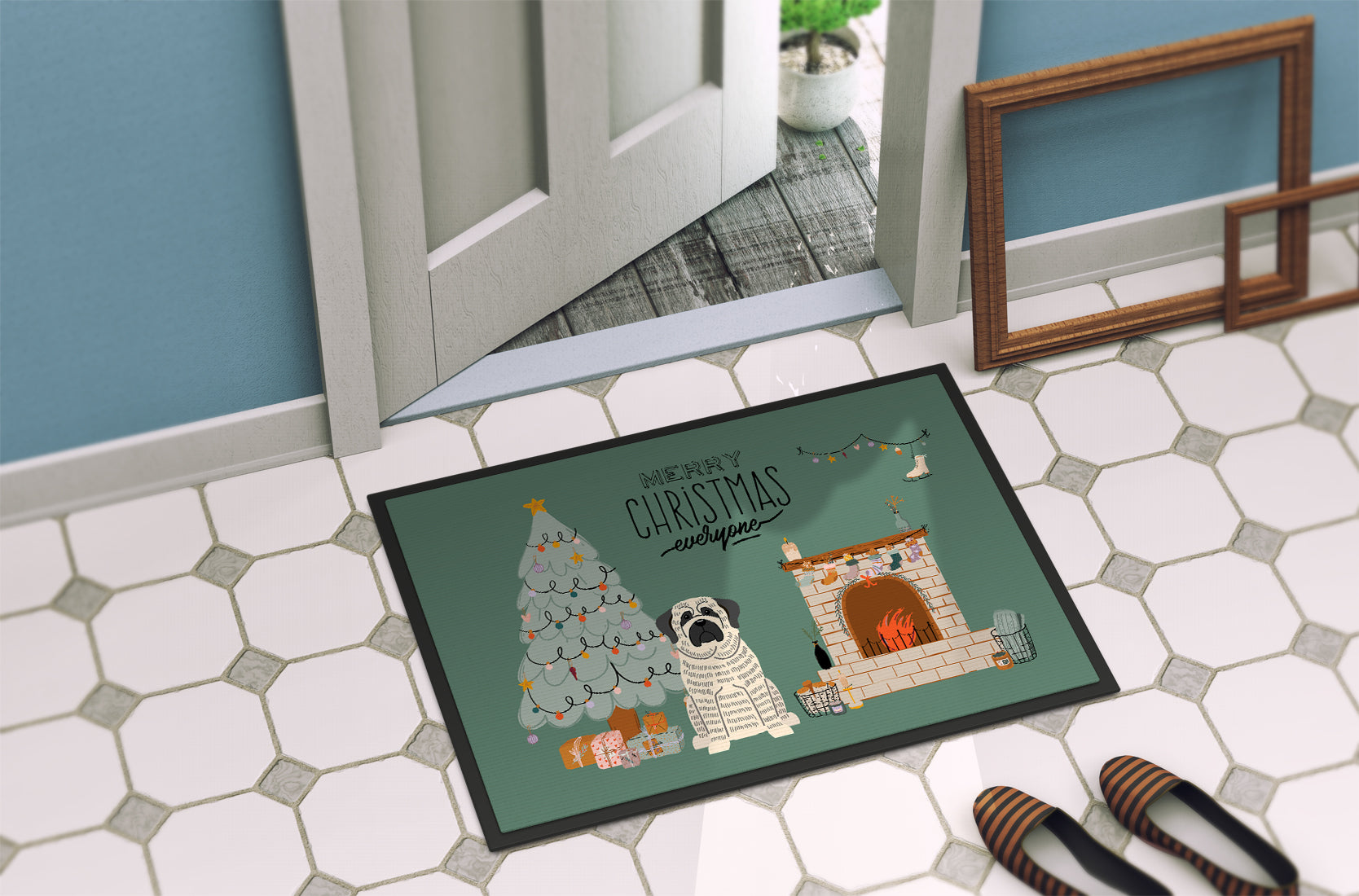 White Mastiff Brindle Christmas Everyone Indoor or Outdoor Mat 18x27 CK7579MAT - the-store.com