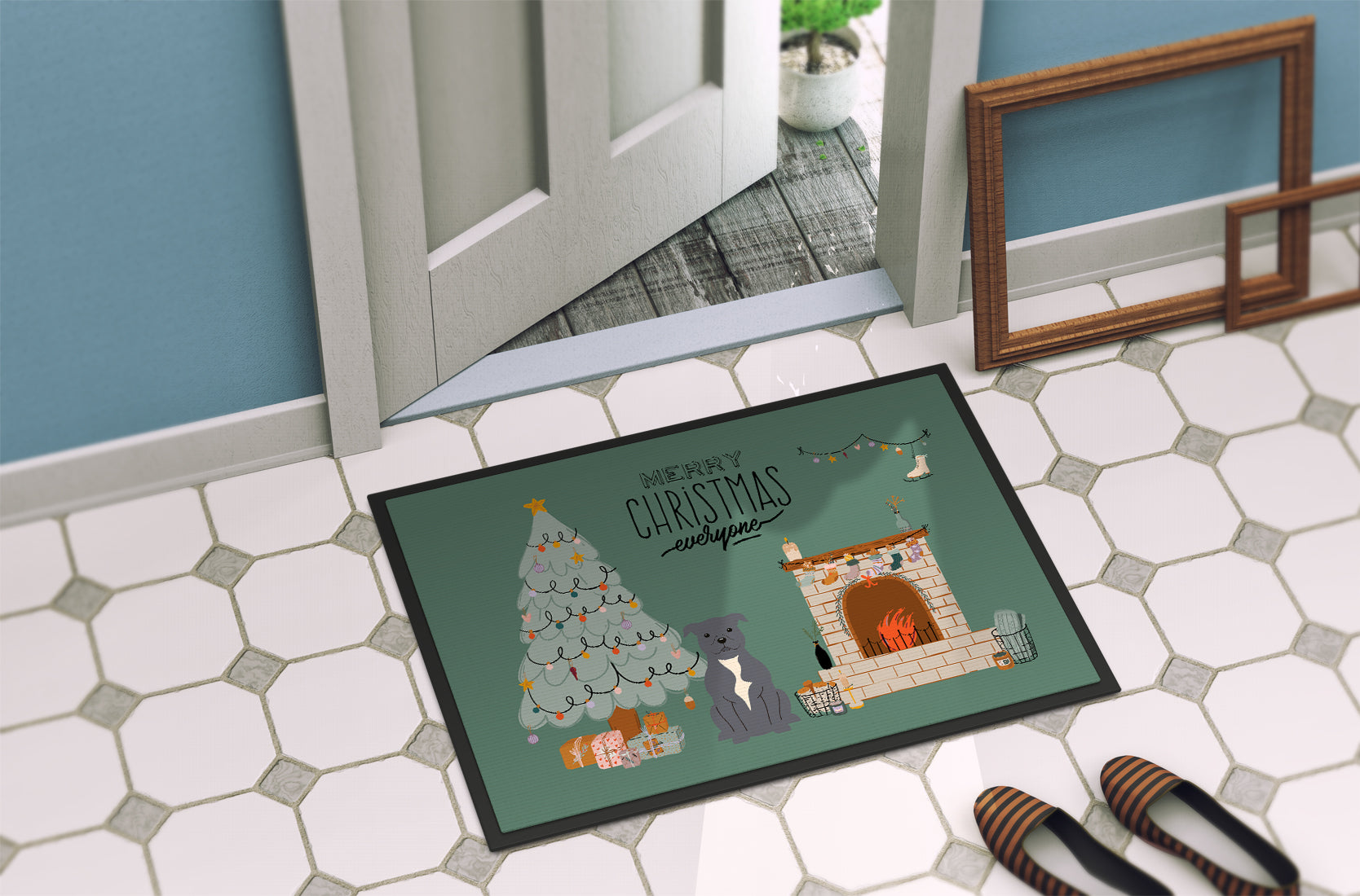 Blue Staffordshire Bull Terrier Christmas Everyone Indoor or Outdoor Mat 18x27 CK7609MAT - the-store.com