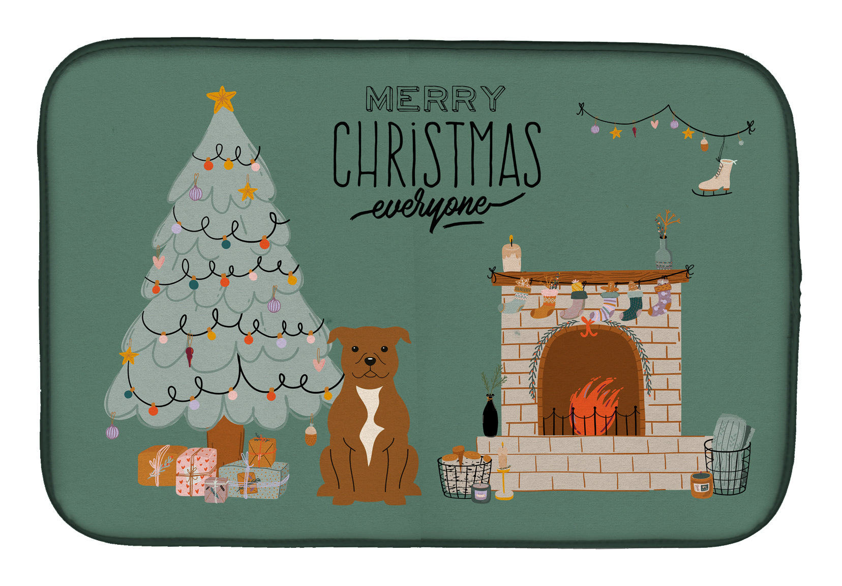 Brown Staffordshire Bull Terrier Christmas Everyone Dish Drying Mat CK7610DDM  the-store.com.