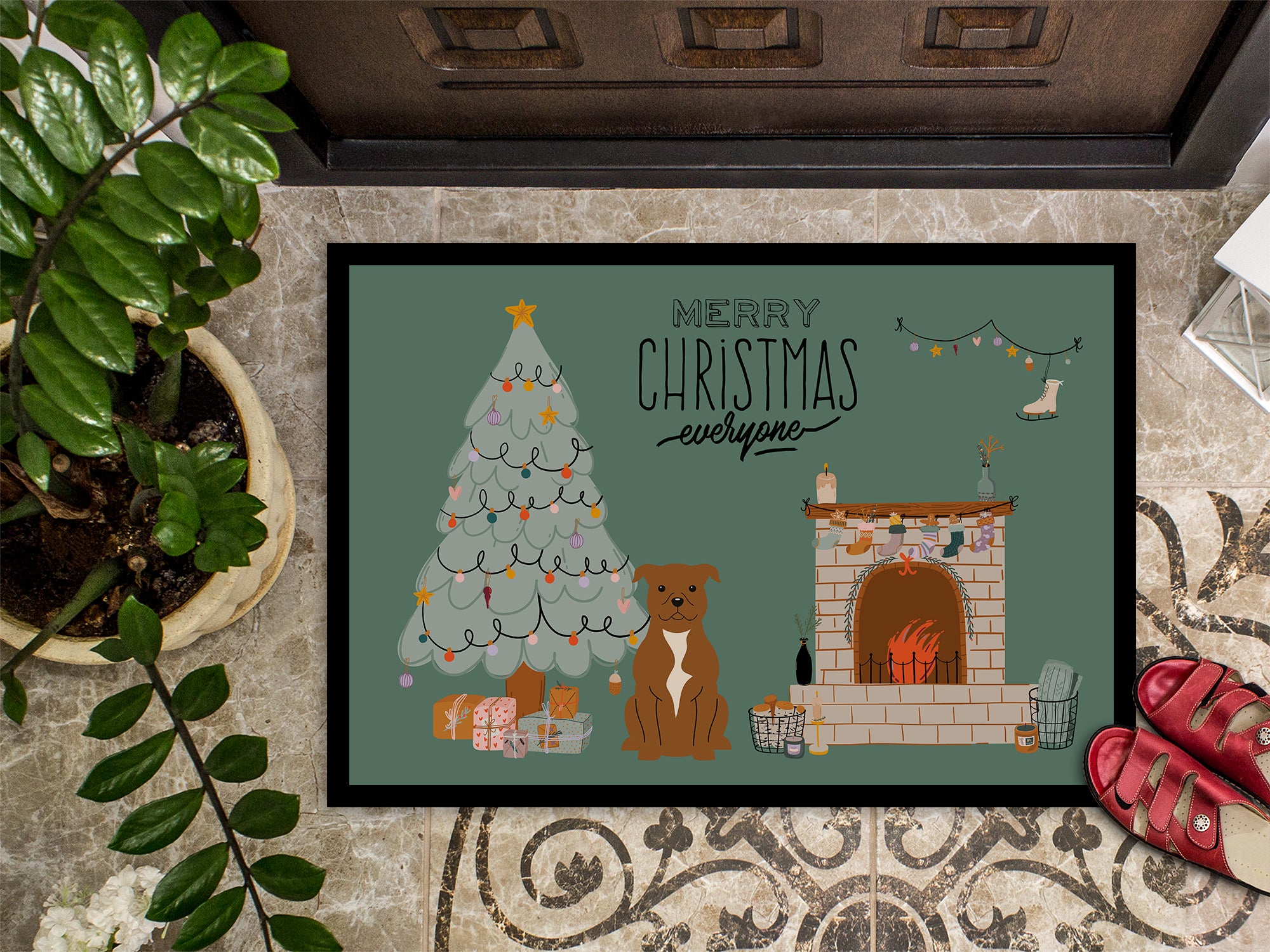 Brown Staffordshire Bull Terrier Christmas Everyone Indoor or Outdoor Mat 18x27 CK7610MAT - the-store.com
