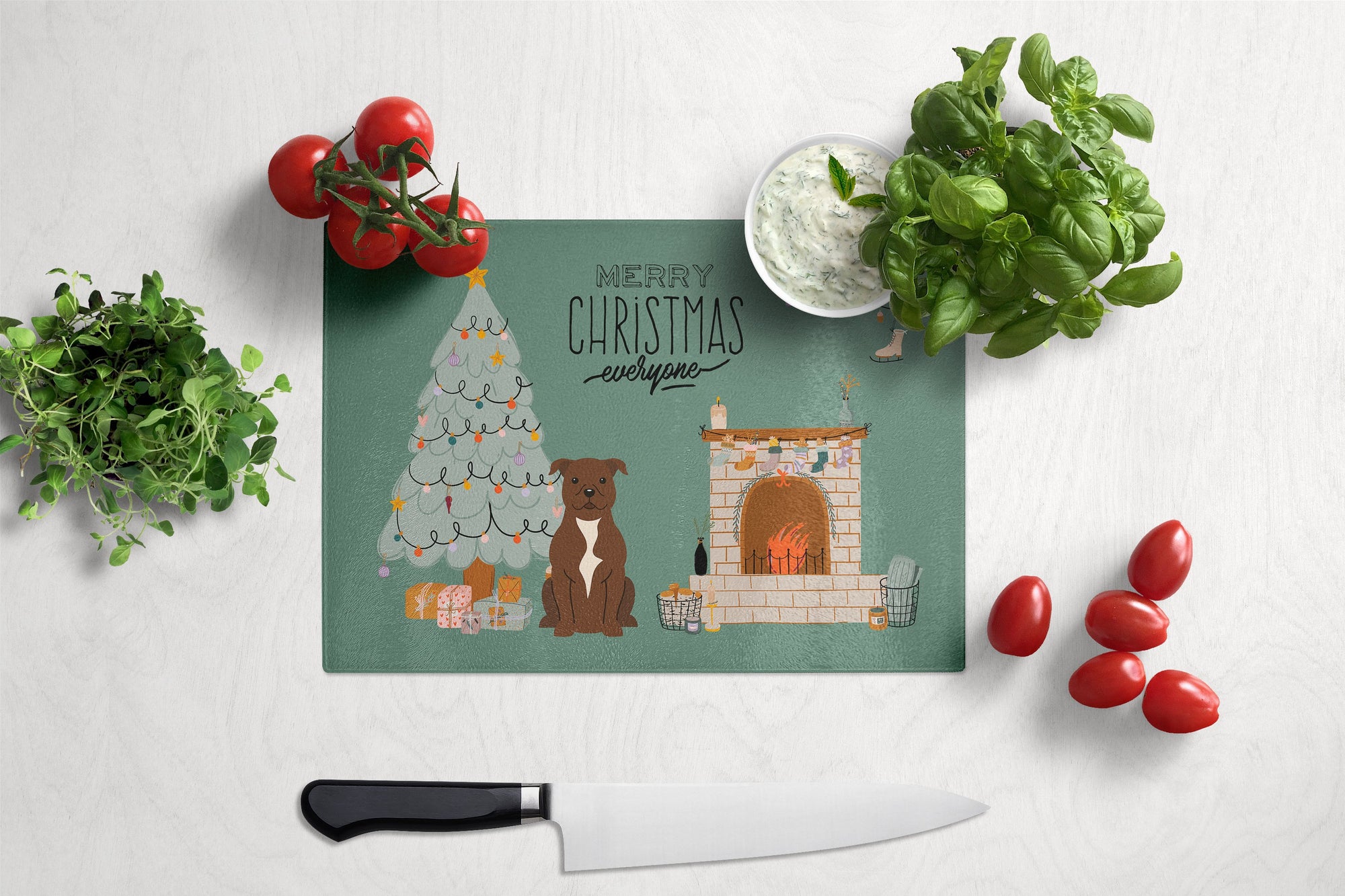 Chocolate Staffordshire Bull Terrier Christmas Everyone Glass Cutting Board Large CK7611LCB by Caroline's Treasures