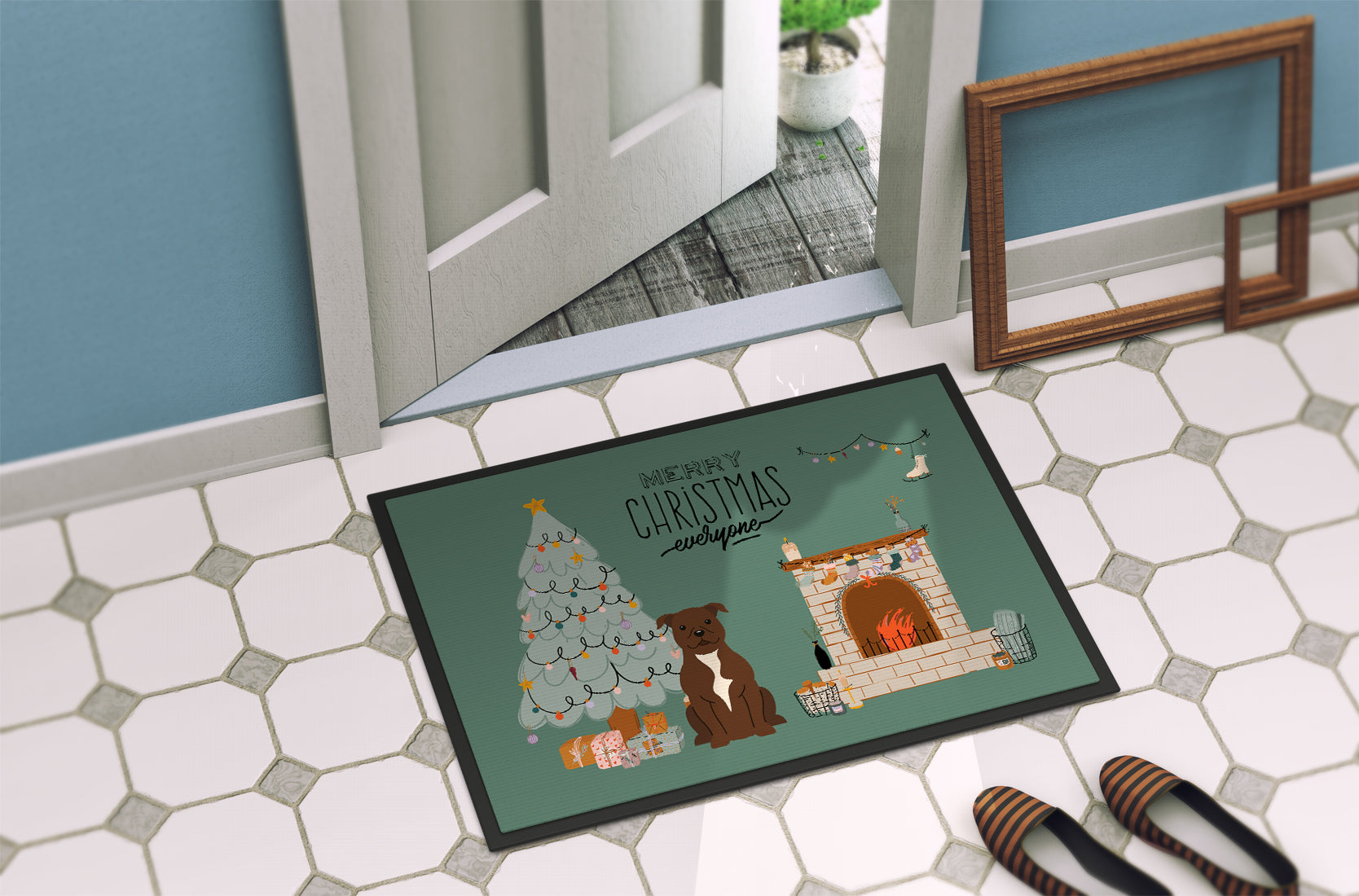 Chocolate Staffordshire Bull Terrier Christmas Everyone Indoor or Outdoor Mat 18x27 CK7611MAT - the-store.com