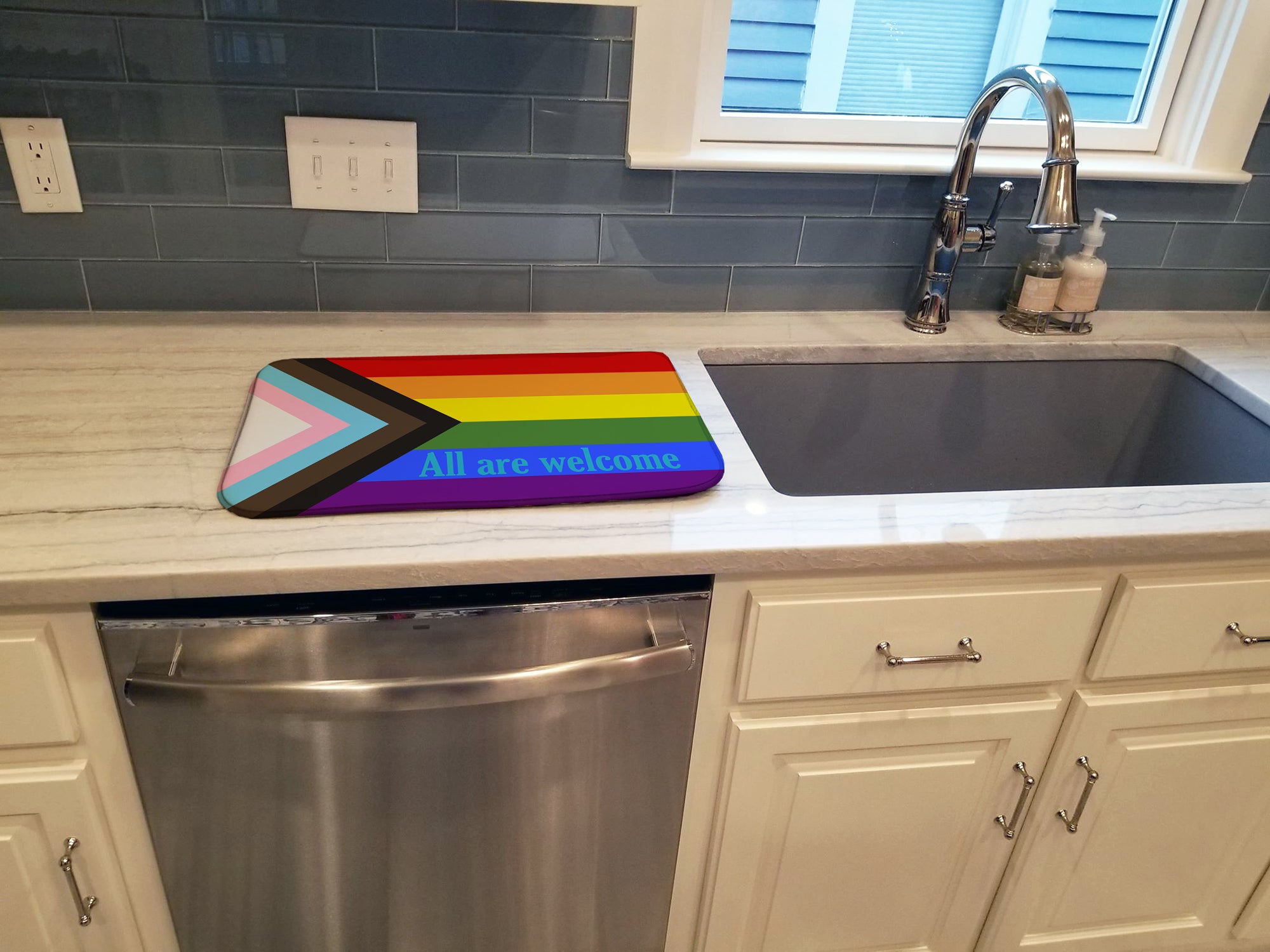 Gay Pride Progress Pride All are Welcome Dish Drying Mat