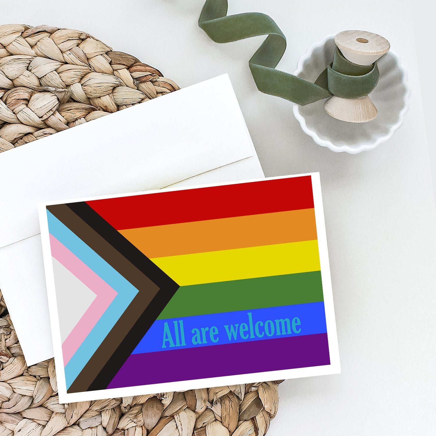 Gay Pride Progress Pride All are Welcome Greeting Cards and Envelopes Pack of 8 - the-store.com