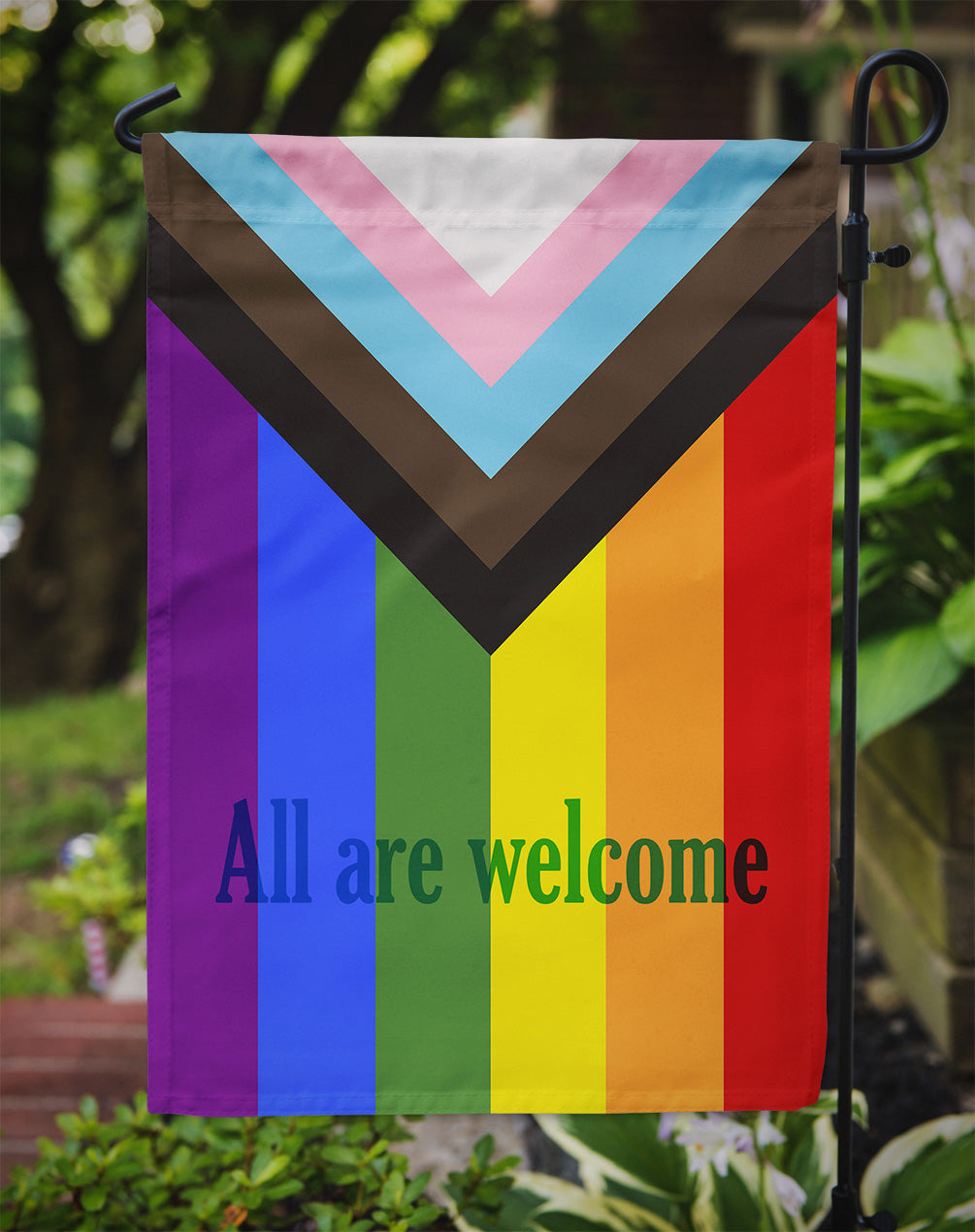 Gay Pride Progress Pride All are Welcome Flag Garden Size  the-store.com.