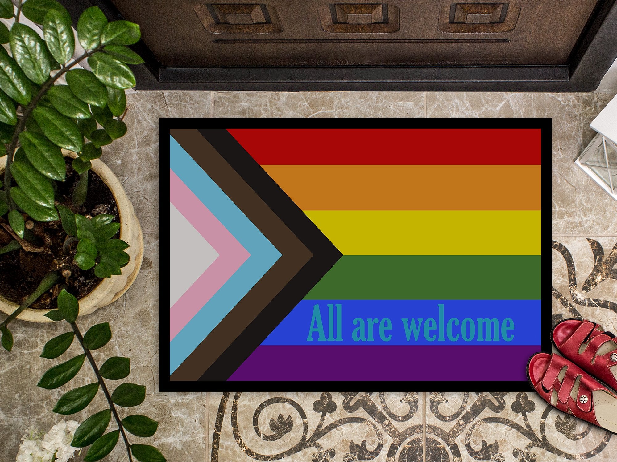 Gay Pride Progress Pride All are Welcome Indoor or Outdoor Mat 24x36 - the-store.com