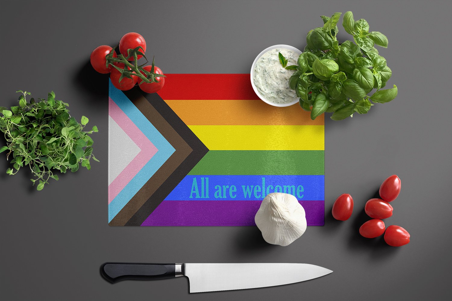 Gay Pride Progress Pride All are Welcome Glass Cutting Board Large - the-store.com