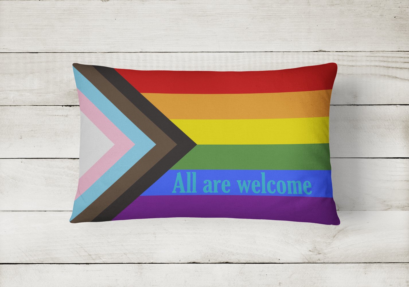 Buy this Gay Pride Progress Pride All are Welcome Canvas Fabric Decorative Pillow