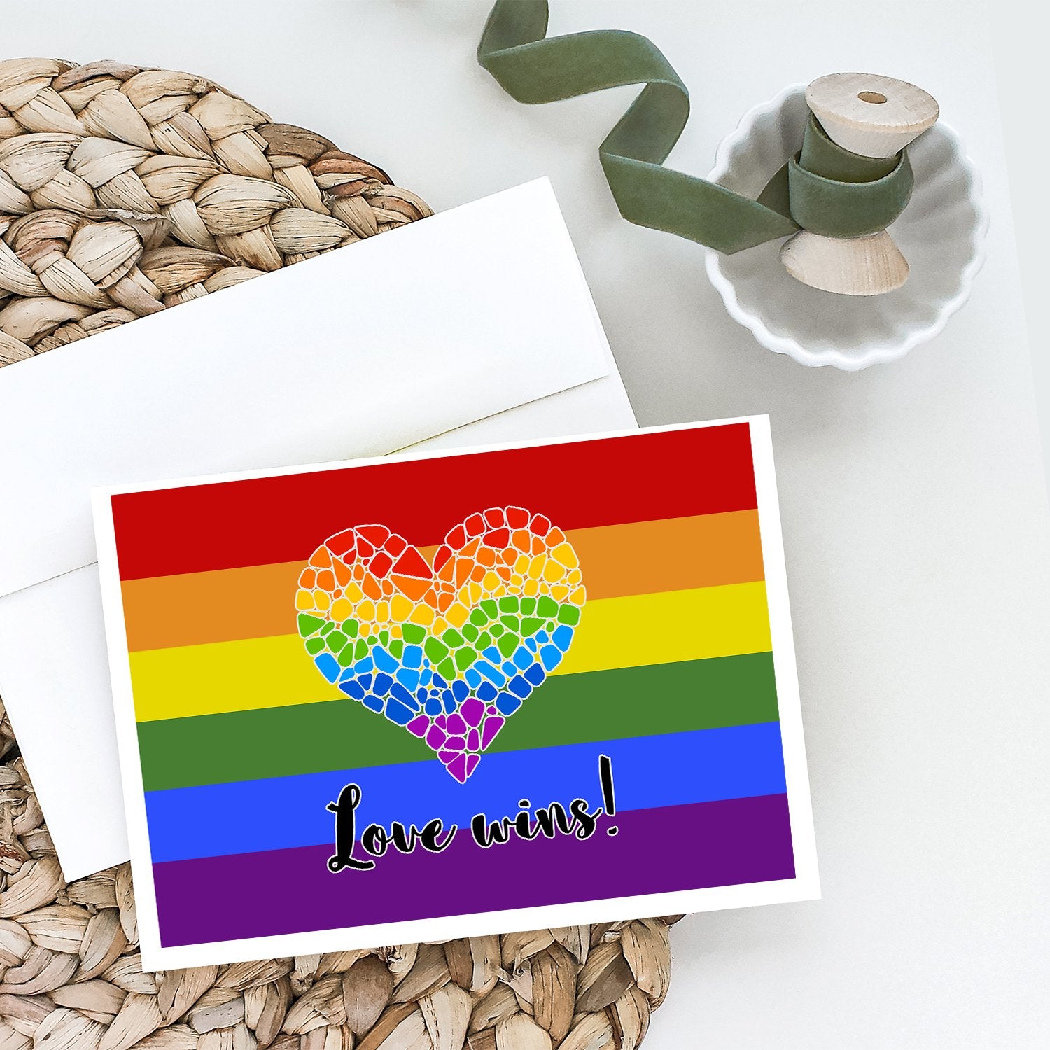 Buy this Gay Pride Love Wins Mosaic Heart Greeting Cards and Envelopes Pack of 8