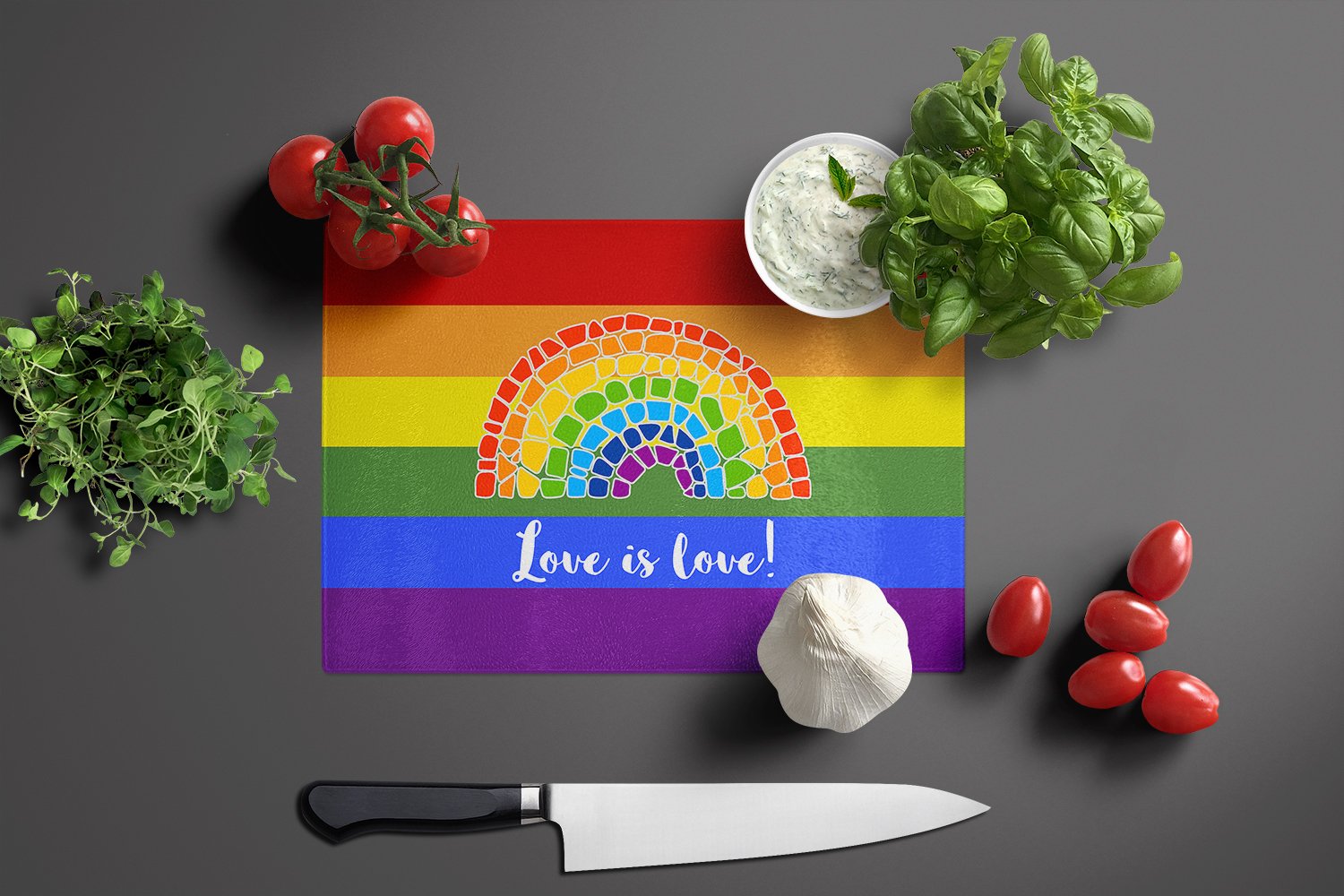 Gay Pride Love is Love Mosaic Rainbow Glass Cutting Board Large - the-store.com