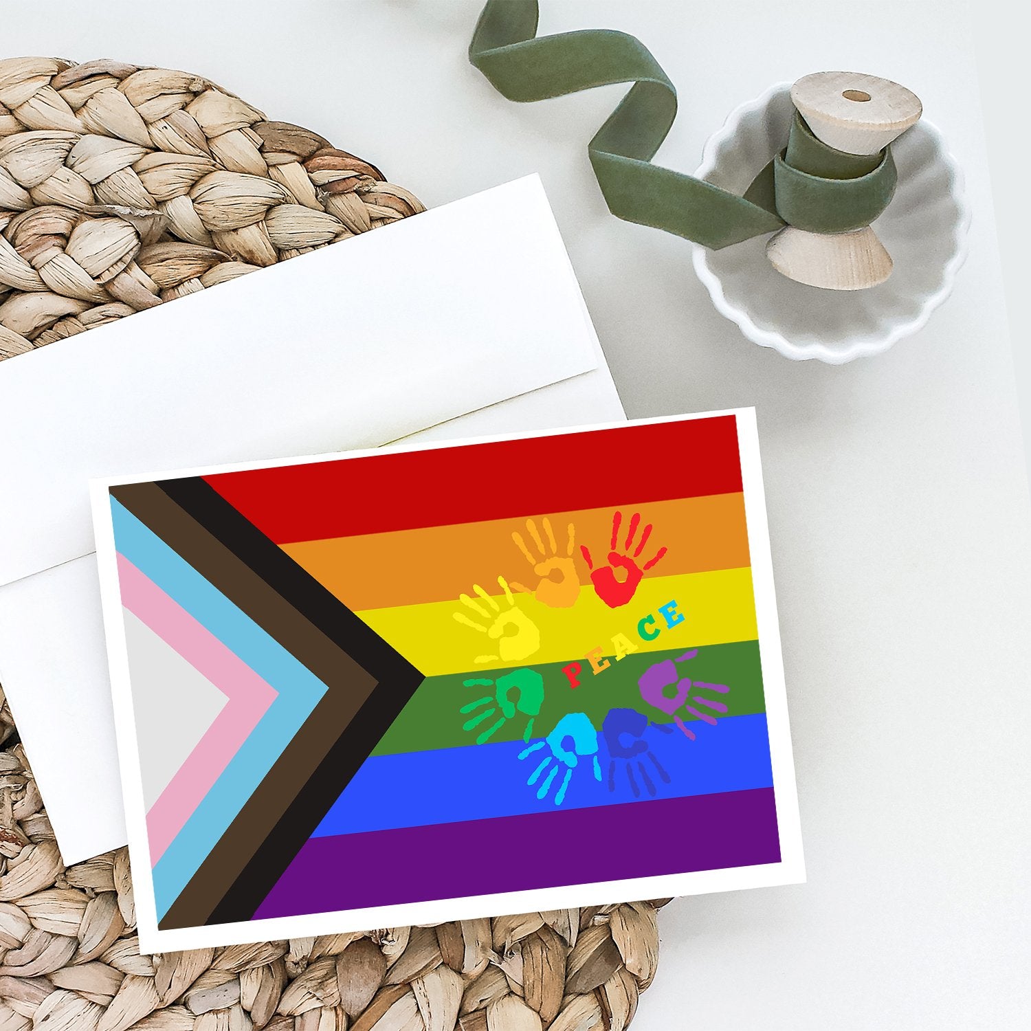 Gay Pride Peace Hands Progress Pride Greeting Cards and Envelopes Pack of 8 - the-store.com