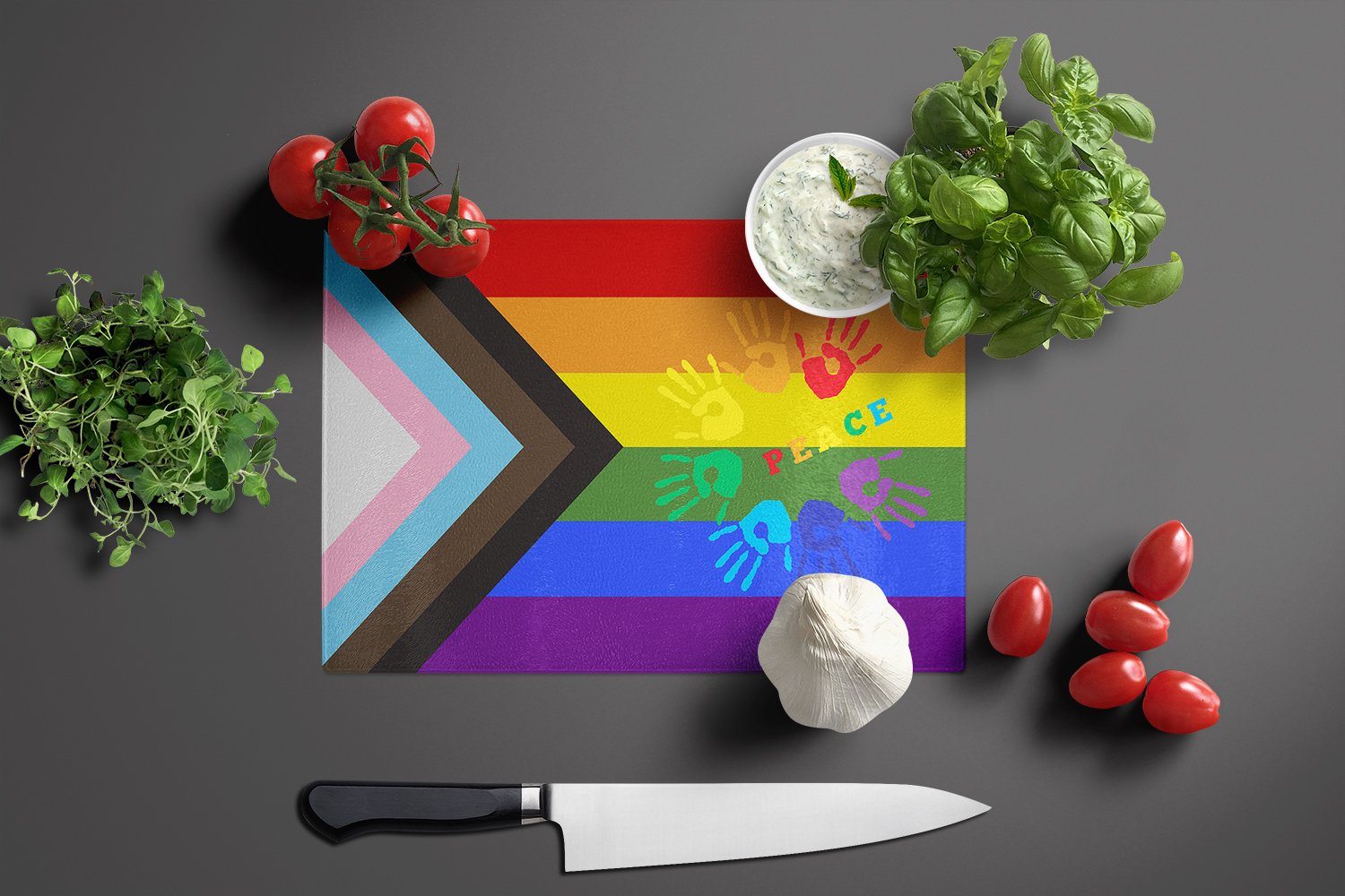 Gay Pride Peace Hands Progress Pride Glass Cutting Board Large - the-store.com