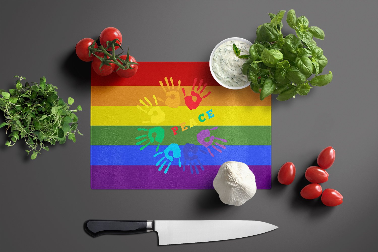 Gay Pride Peace Hands Glass Cutting Board Large - the-store.com