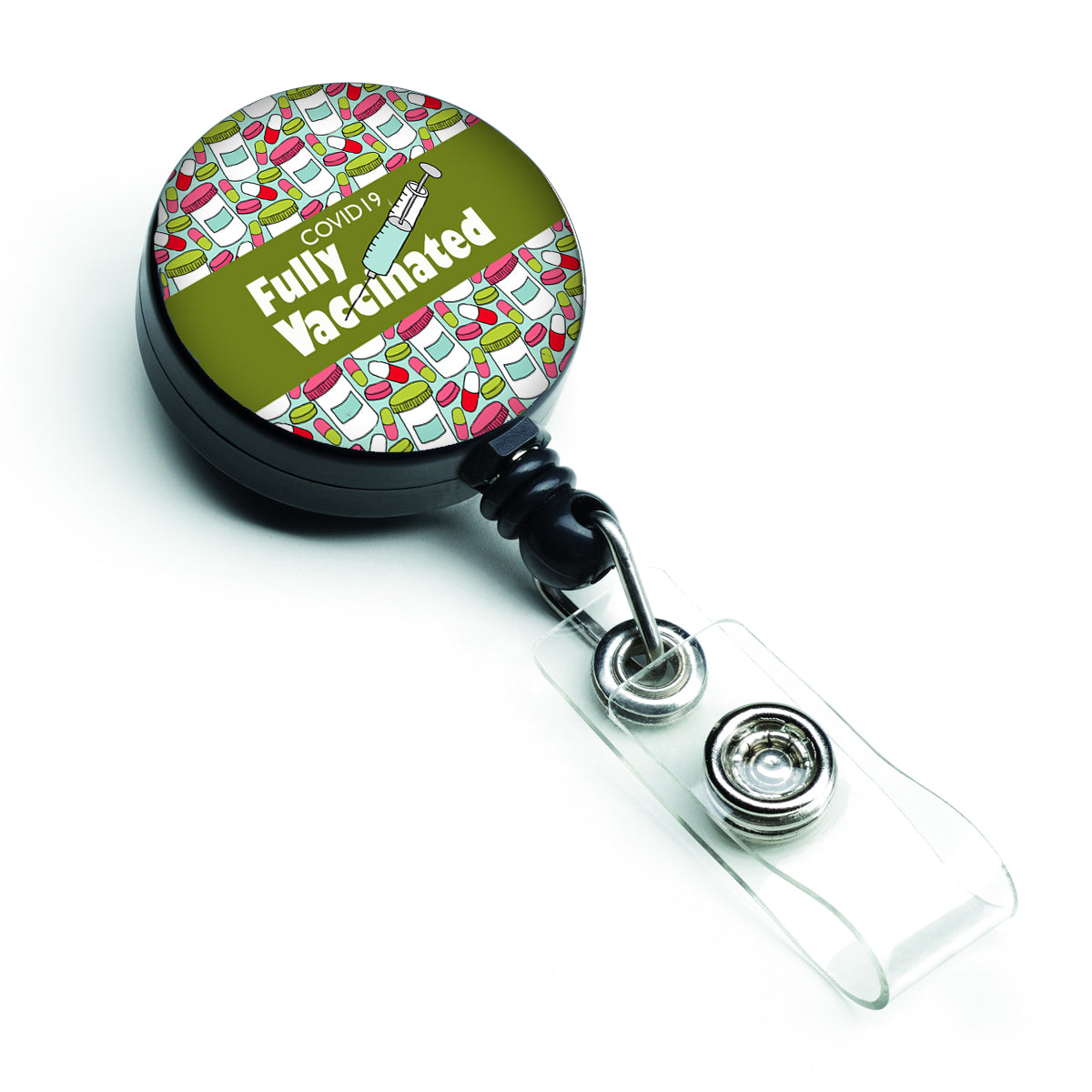 Covid 19 Fully Vaccinated Pills Green Retractable Badge Reel