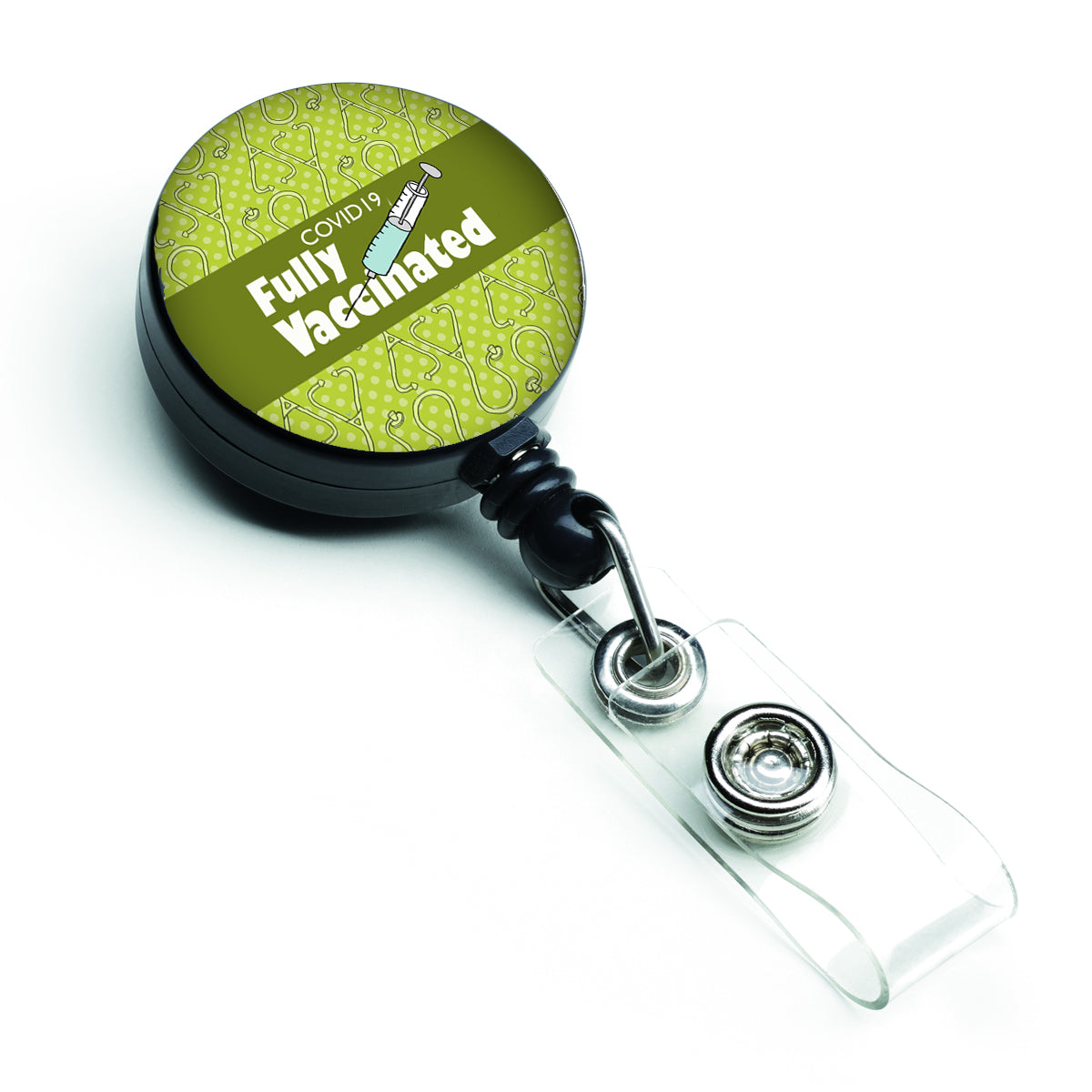 Covid 19 Fully Vaccinated Stethascope Green Retractable Badge Reel
