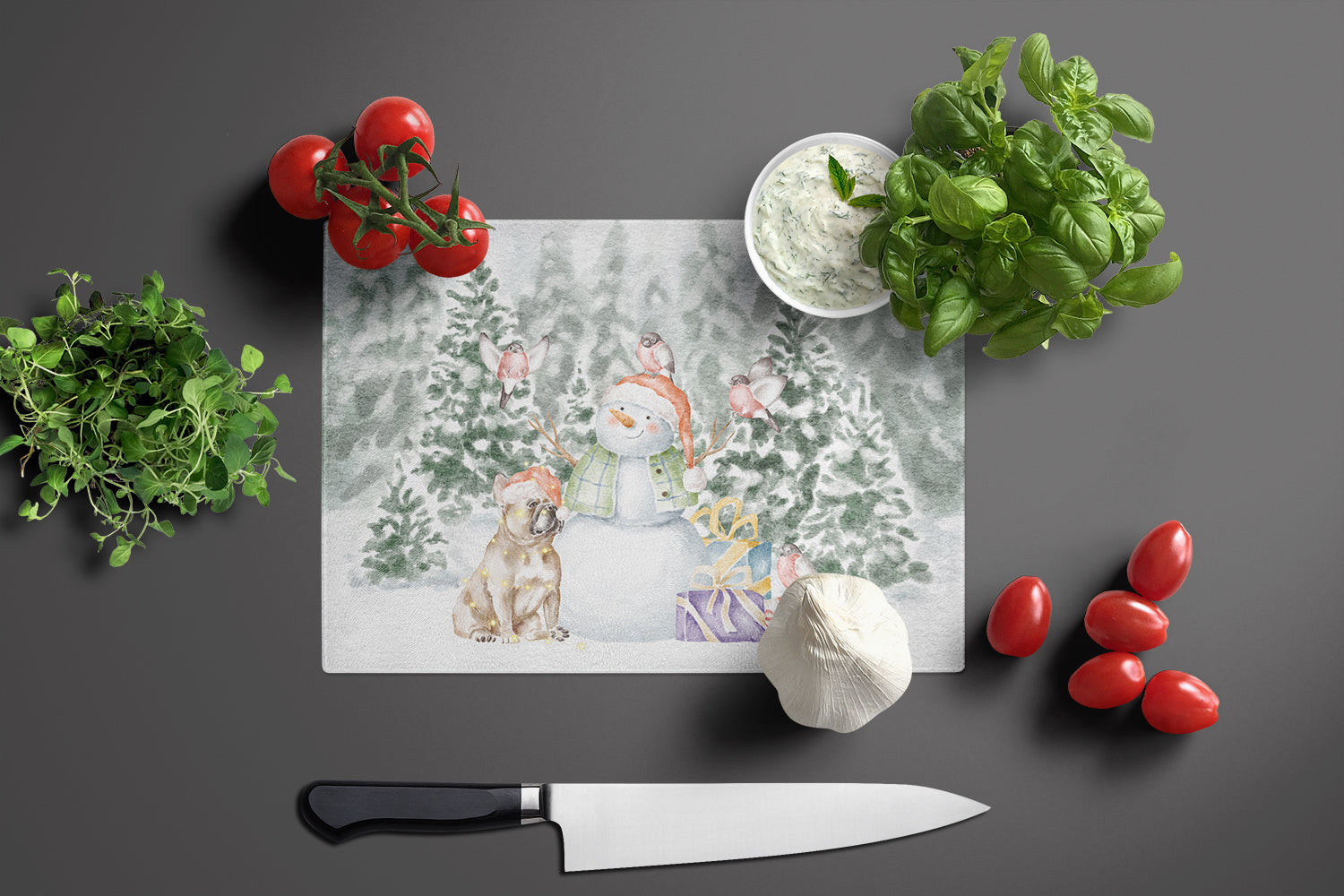 French Bulldog Fawn with Christmas Presents Glass Cutting Board Large - the-store.com