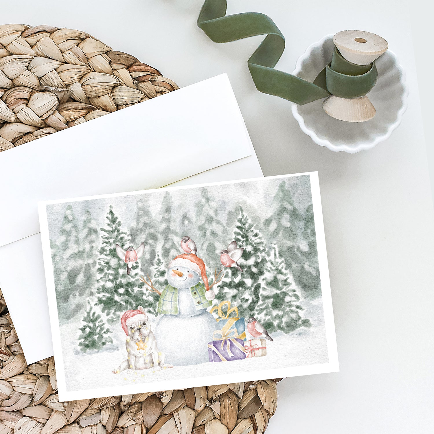French Bulldog White with Christmas Presents Greeting Cards and Envelopes Pack of 8 - the-store.com