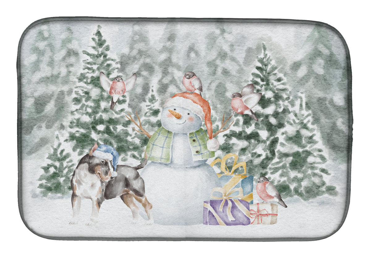 Bull Terrier Black Tan and White with Christmas Presents Dish Drying Mat