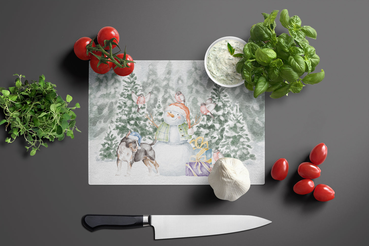 Bull Terrier Black Tan and White with Christmas Presents Glass Cutting Board Large - the-store.com