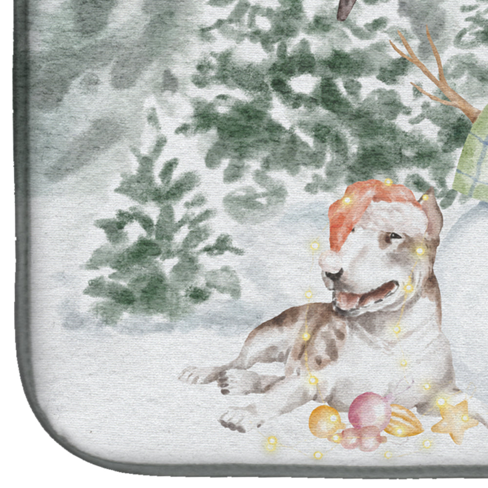 Bull Terrier Brindle and White with Christmas Presents Dish Drying Mat