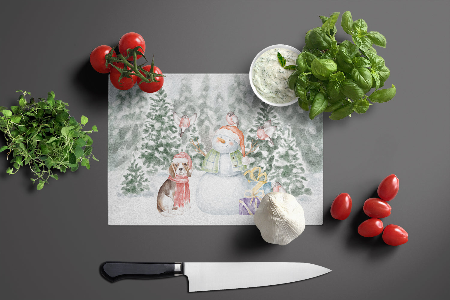 Beagle Tricolor with Christmas Presents Glass Cutting Board Large - the-store.com