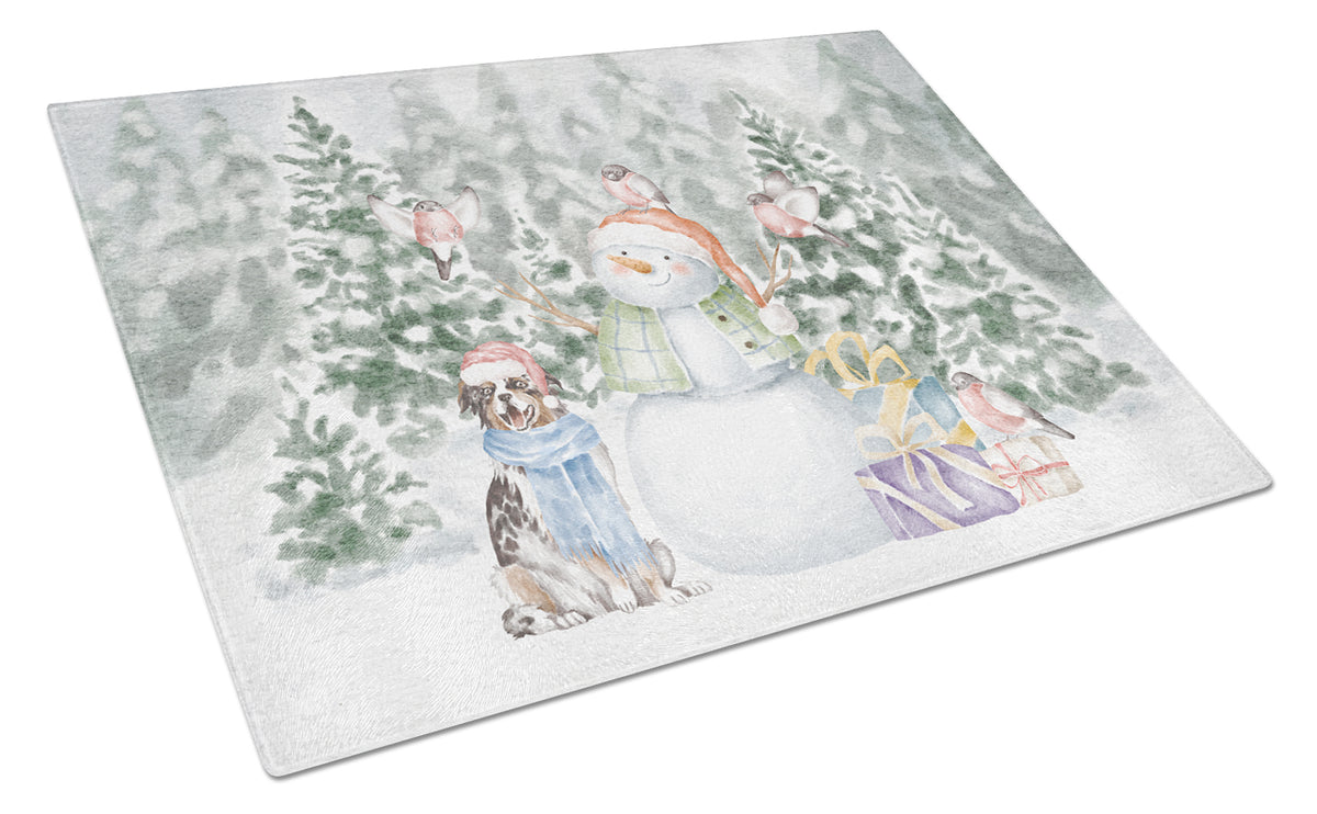 Buy this Australian Shepherd Blue Merle and Tan with Christmas Presents Glass Cutting Board Large