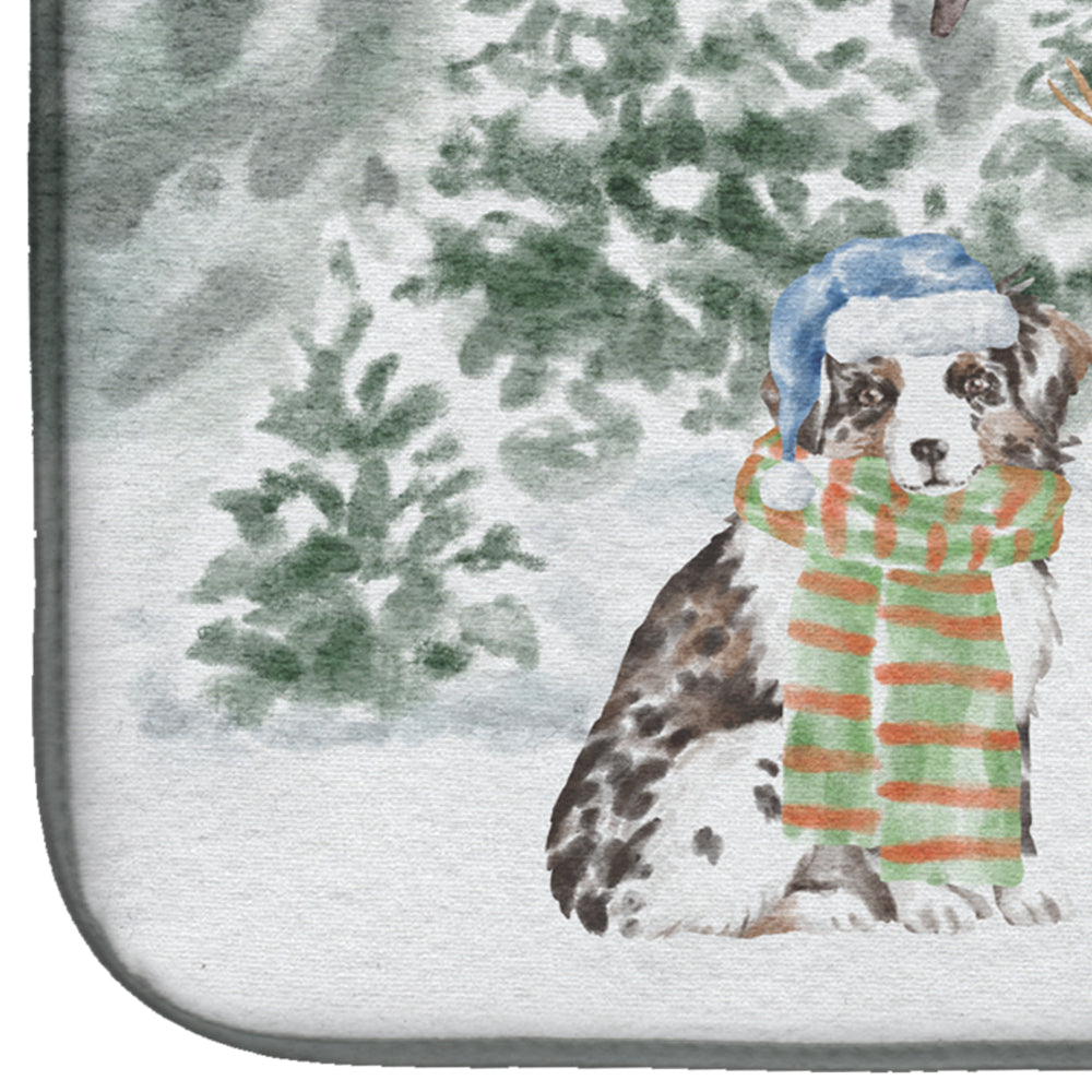 Australian Shepherd Puppy Blue Merle and Tan with Christmas Presents Dish Drying Mat