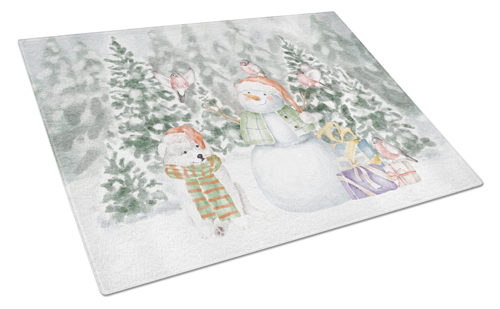 Buy this Samoyed Puppy with Christmas Presents Glass Cutting Board Large
