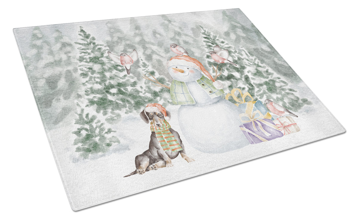 Buy this Dachshund Black and Tan Sitting with Christmas Presents Glass Cutting Board Large