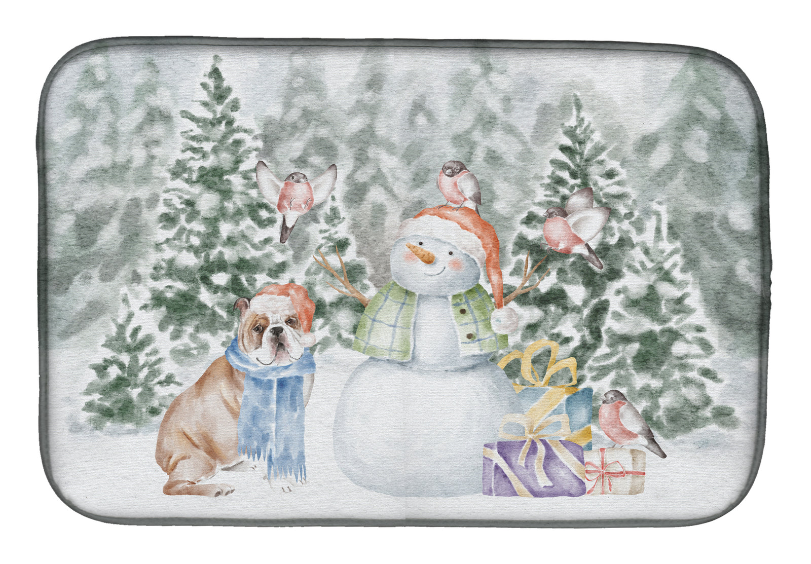 Bulldog Fawn and White with Christmas Presents Dish Drying Mat  the-store.com.