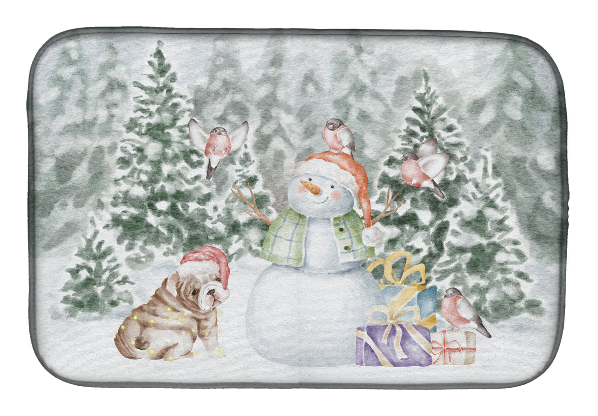 Bulldog Puppy Fawn and White with Christmas Presents Dish Drying Mat