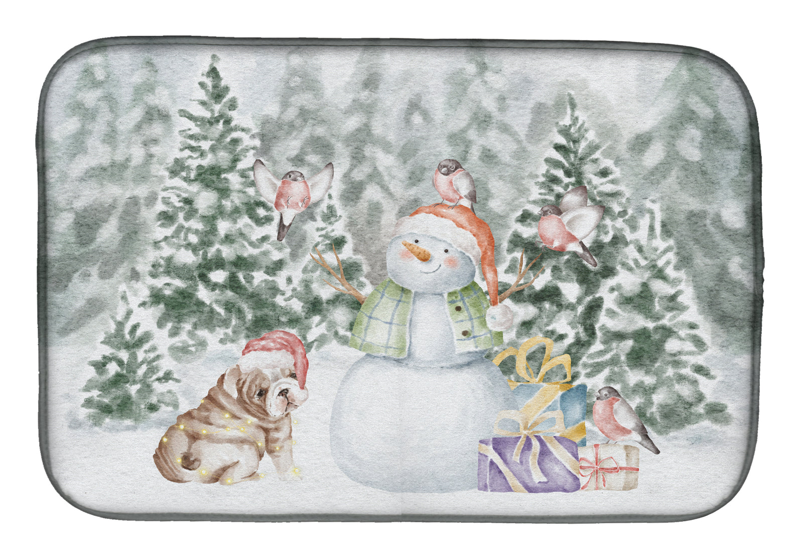 Bulldog Puppy Fawn and White with Christmas Presents Dish Drying Mat  the-store.com.