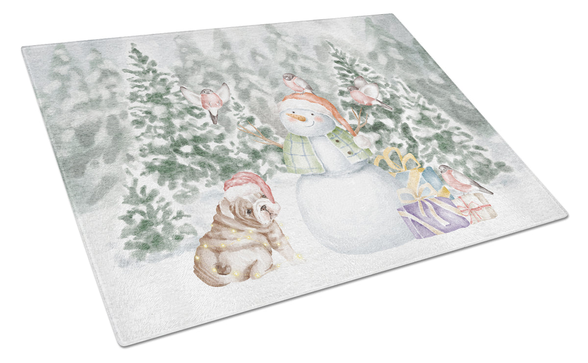 Buy this Bulldog Puppy Fawn and White with Christmas Presents Glass Cutting Board Large