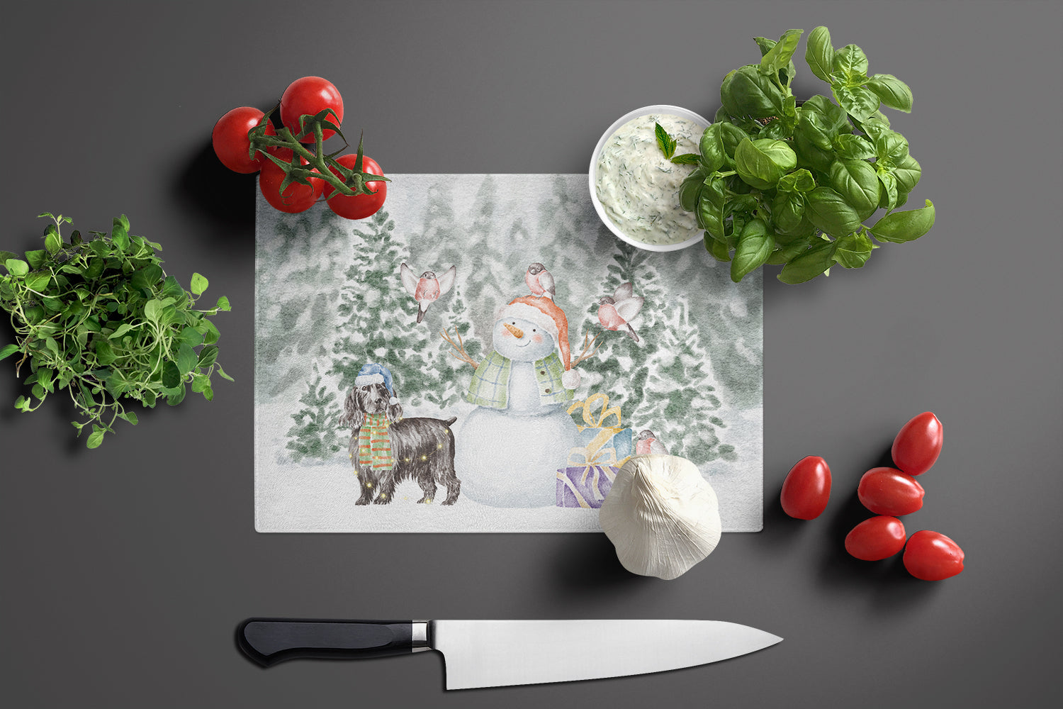 Cocker Spaniel Black with Christmas Presents Glass Cutting Board Large - the-store.com
