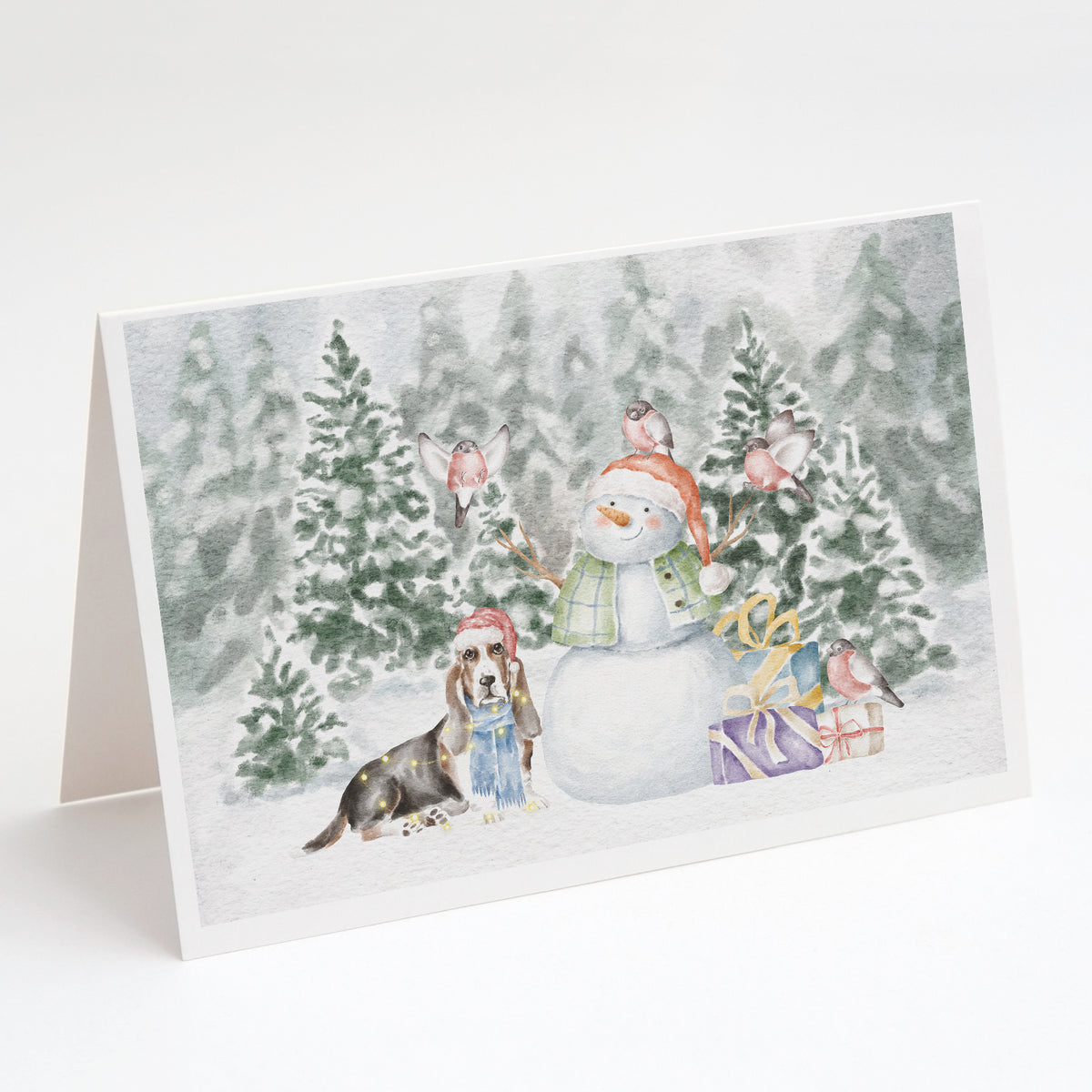 Buy this Basset Hound Tricolor with Christmas Presents Greeting Cards and Envelopes Pack of 8