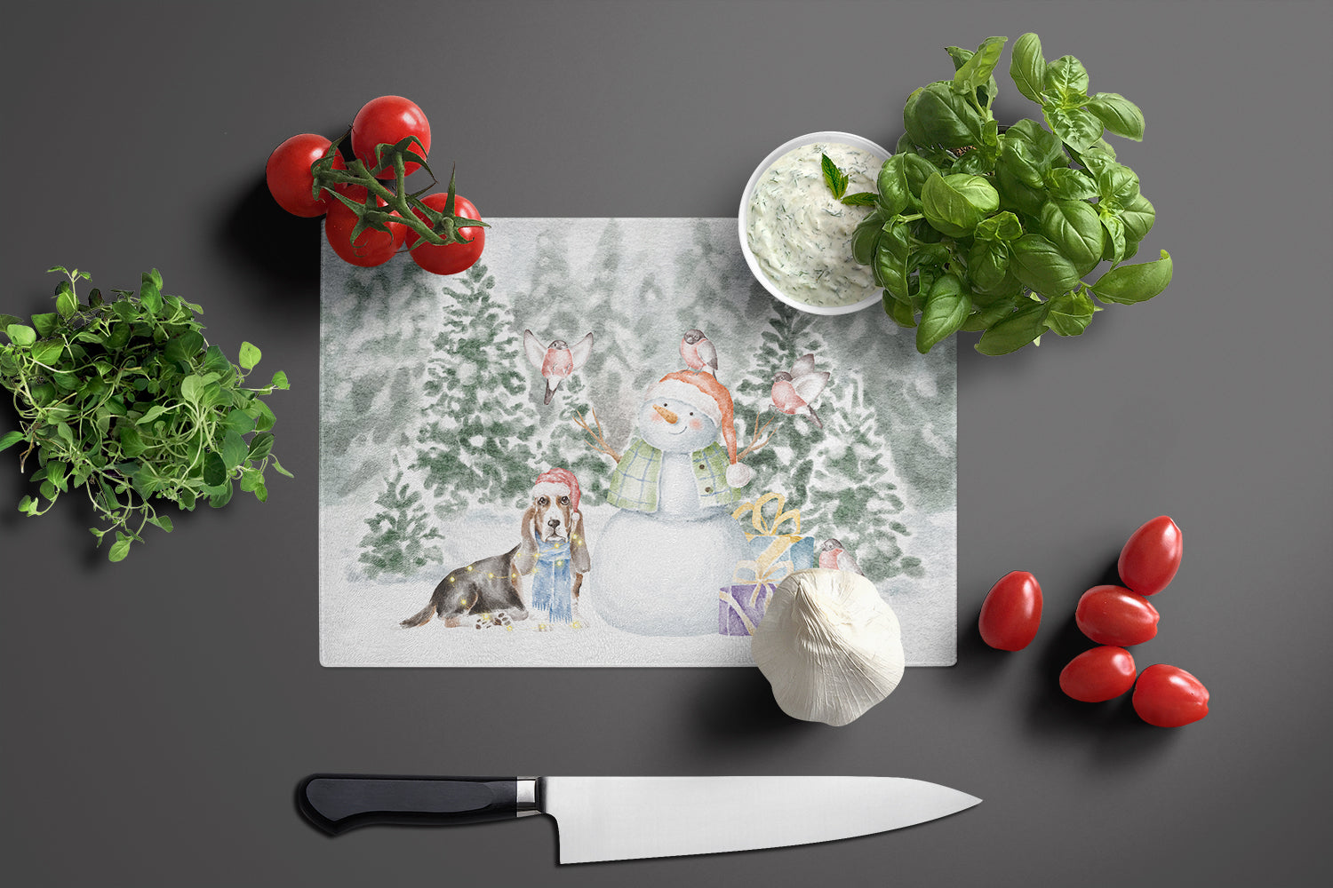 Basset Hound Tricolor with Christmas Presents Glass Cutting Board Large - the-store.com