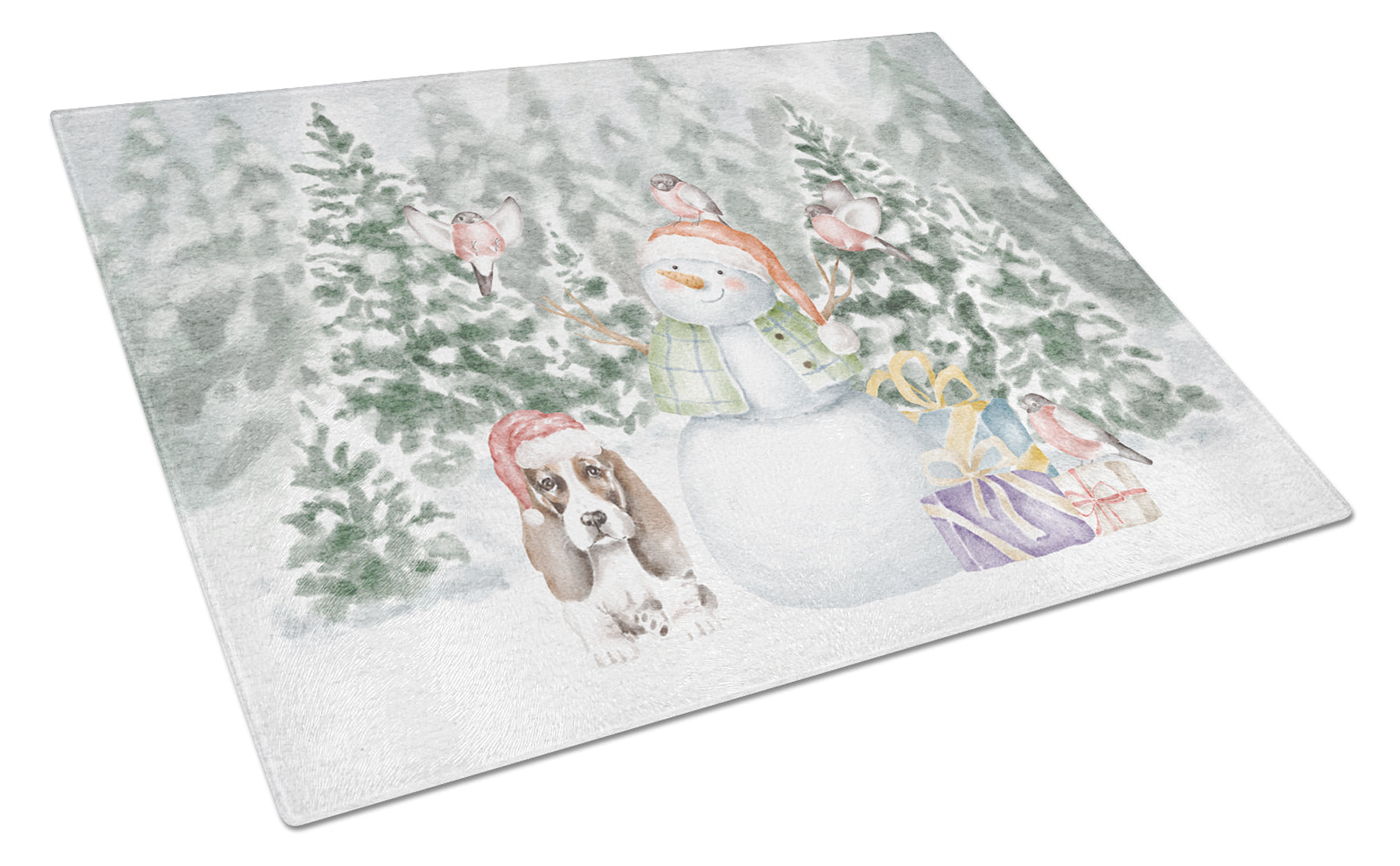 Buy this Basset Hound Puppy Brown and White with Christmas Presents Glass Cutting Board Large