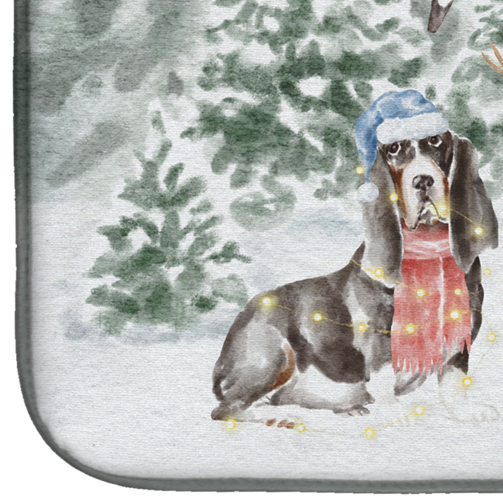 Basset Hound Black White and Tan with Christmas Presents Dish Drying Mat