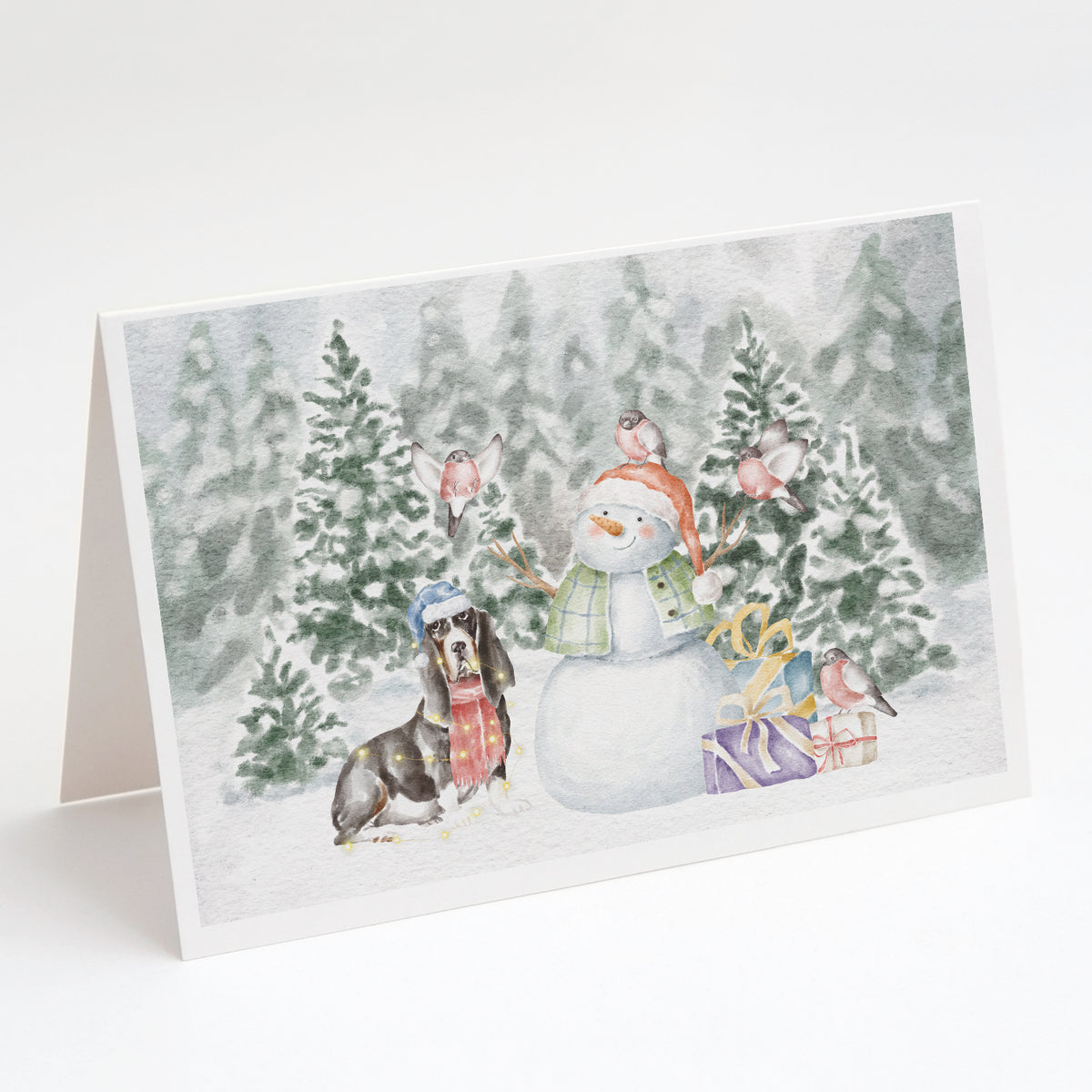 Buy this Basset Hound Black White and Tan with Christmas Presents Greeting Cards and Envelopes Pack of 8