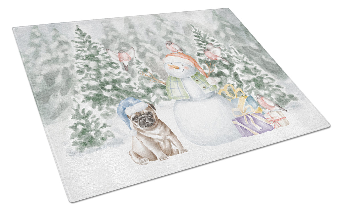 Buy this Pug Fawn Sitting with Christmas Presents Glass Cutting Board Large