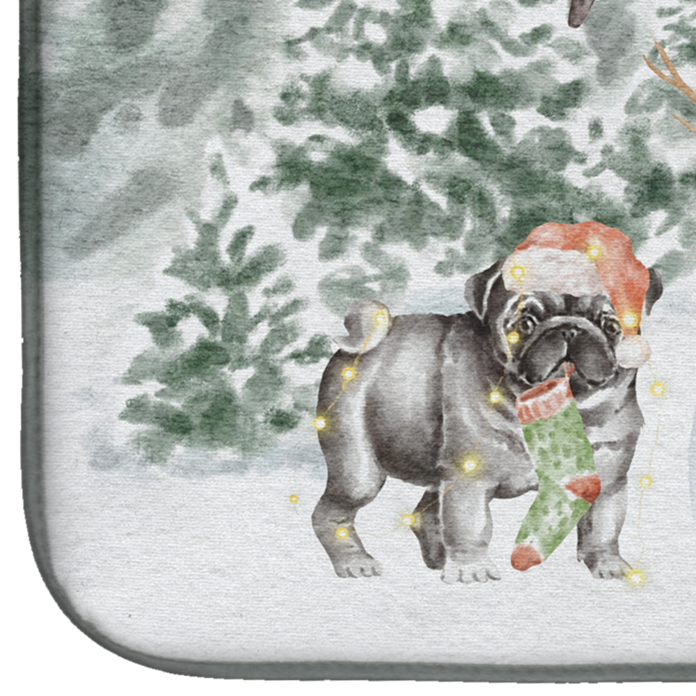Pug Black Standing with Christmas Presents Dish Drying Mat