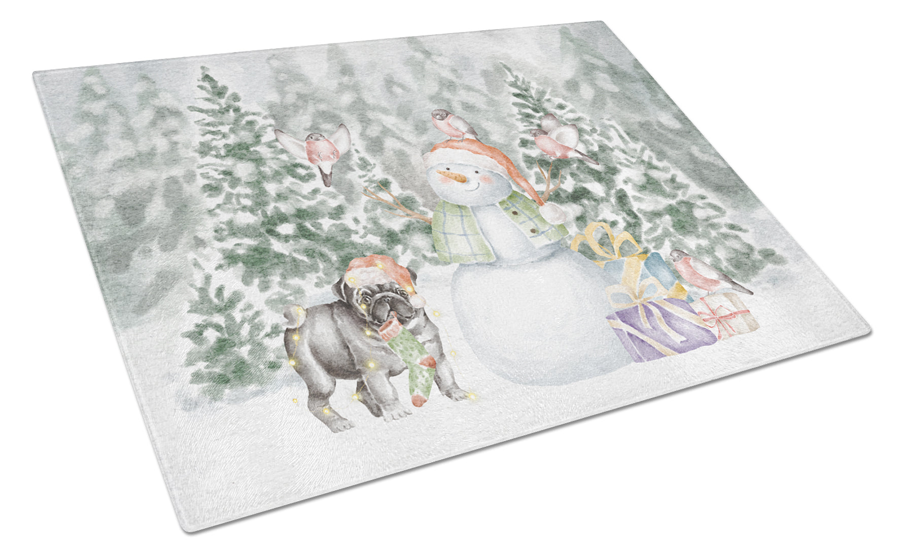 Buy this Pug Black Standing with Christmas Presents Glass Cutting Board Large