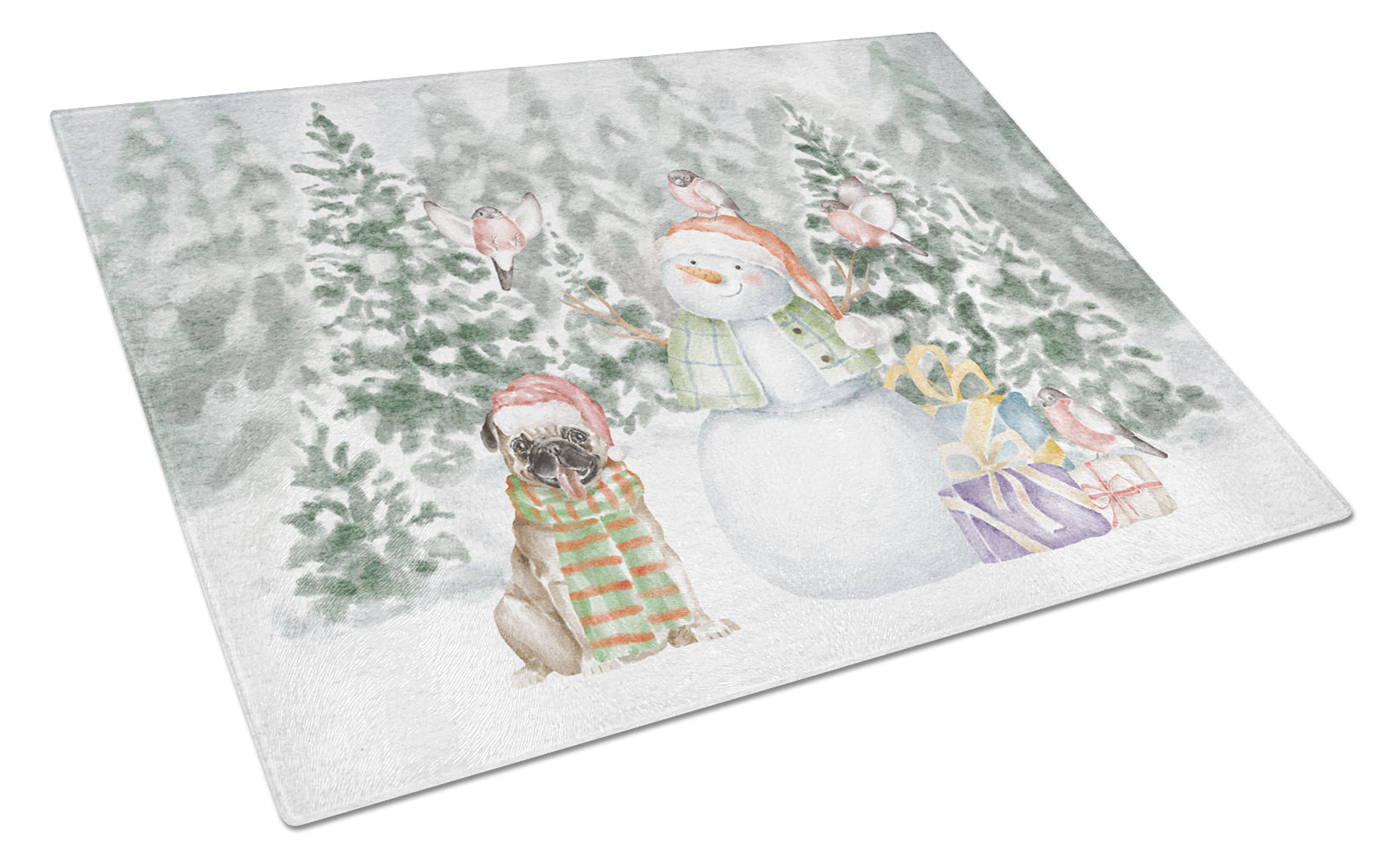 Buy this Pug Fawn Smiling with Christmas Presents Glass Cutting Board Large