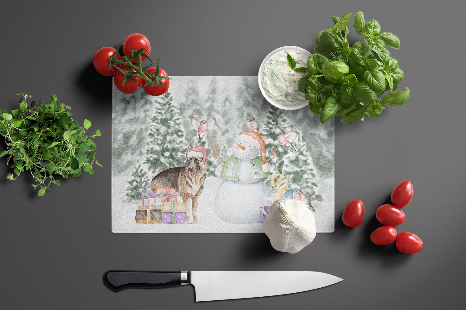 German Shepherd with Christmas Presents Glass Cutting Board Large - the-store.com