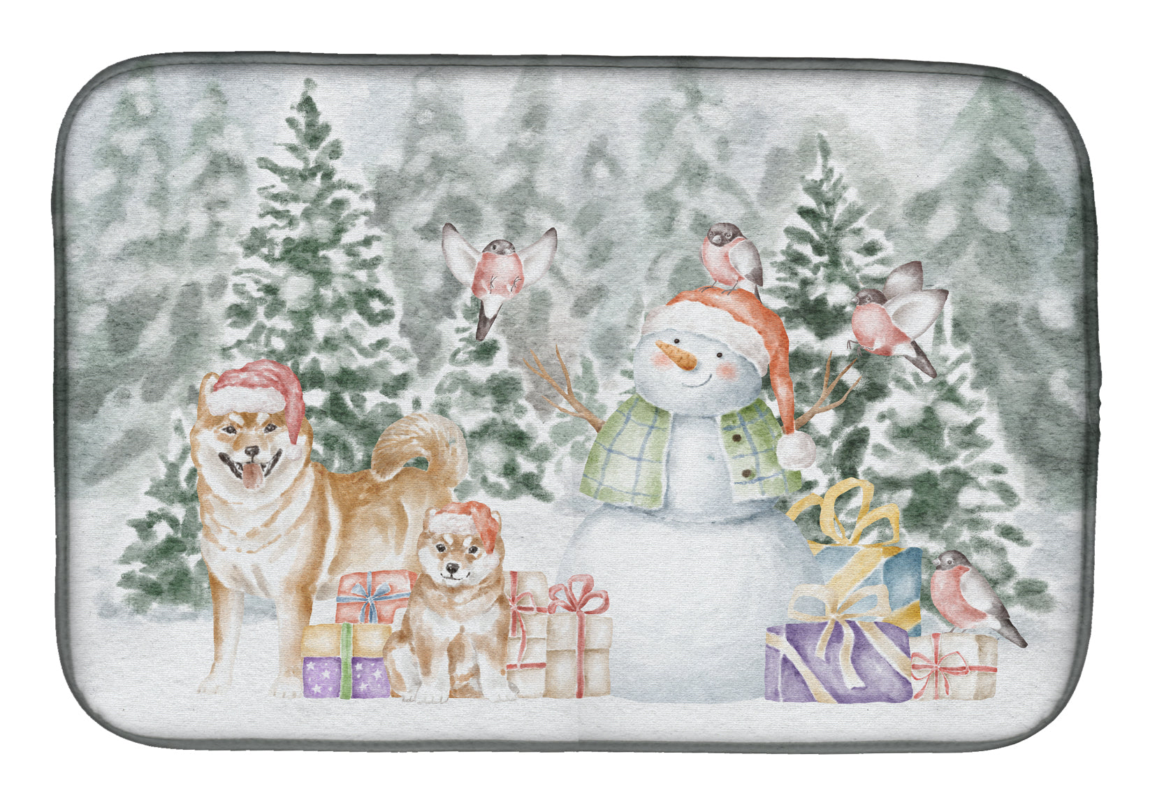 Shiba Inu Adult and Puppy with Christmas Presents Dish Drying Mat  the-store.com.