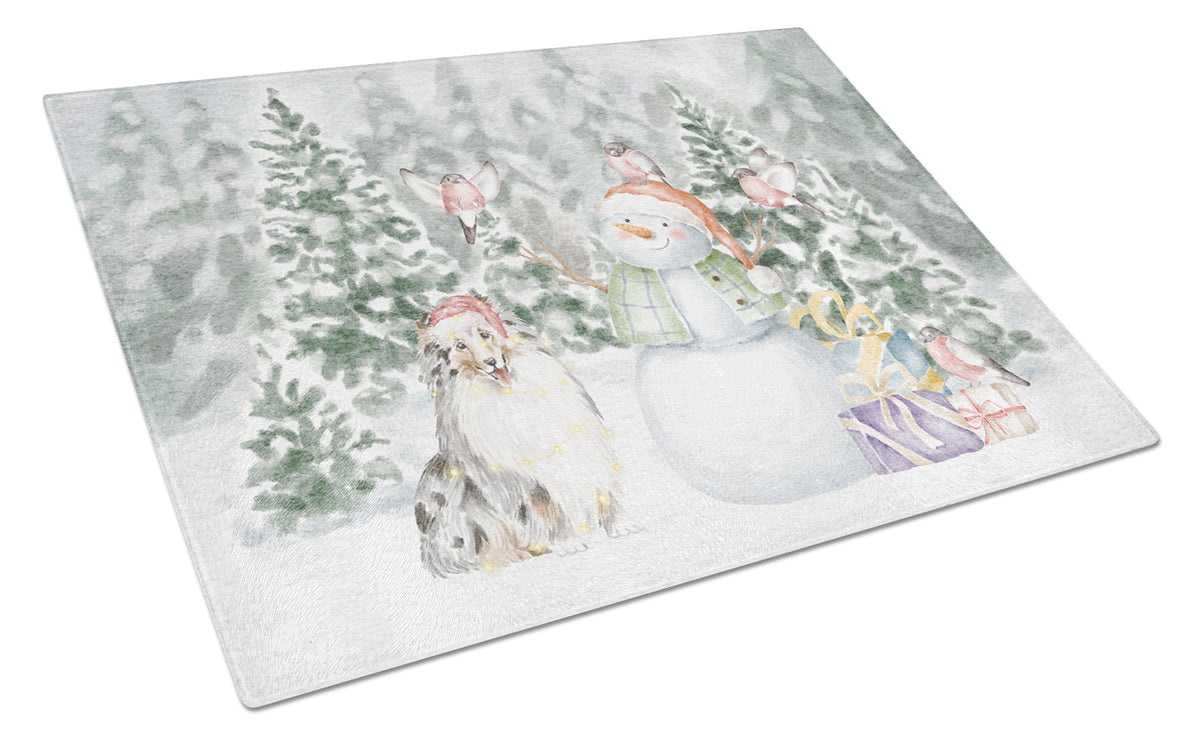 Buy this Sheltie/Shetland Sheepdog Blue Merle with Christmas Presents Glass Cutting Board Large