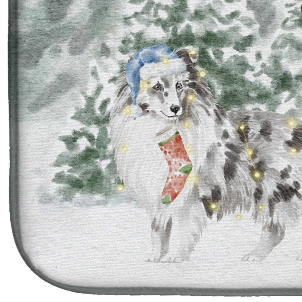 Sheltie/Shetland Sheepdog Blue Merle Standing with Christmas Presents Dish Drying Mat