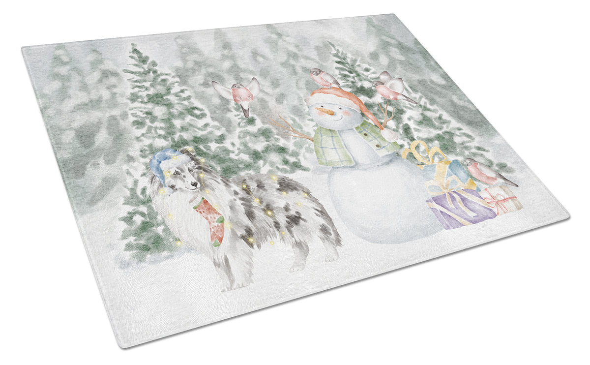 Buy this Sheltie/Shetland Sheepdog Blue Merle Standing with Christmas Presents Glass Cutting Board Large