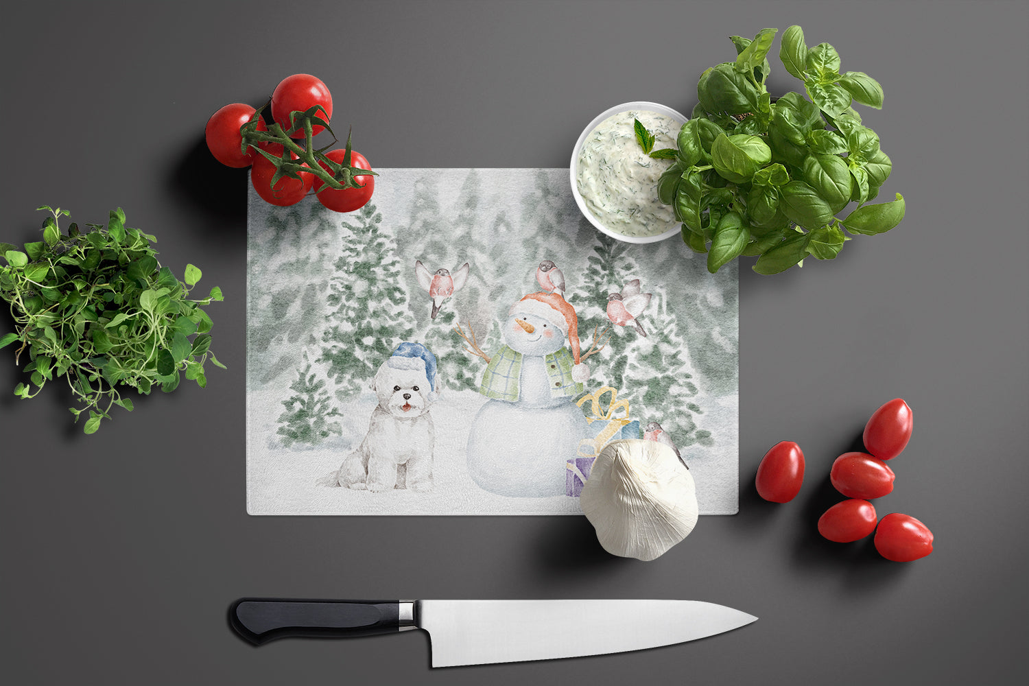 Bichon Frise with Christmas Presents Glass Cutting Board Large - the-store.com